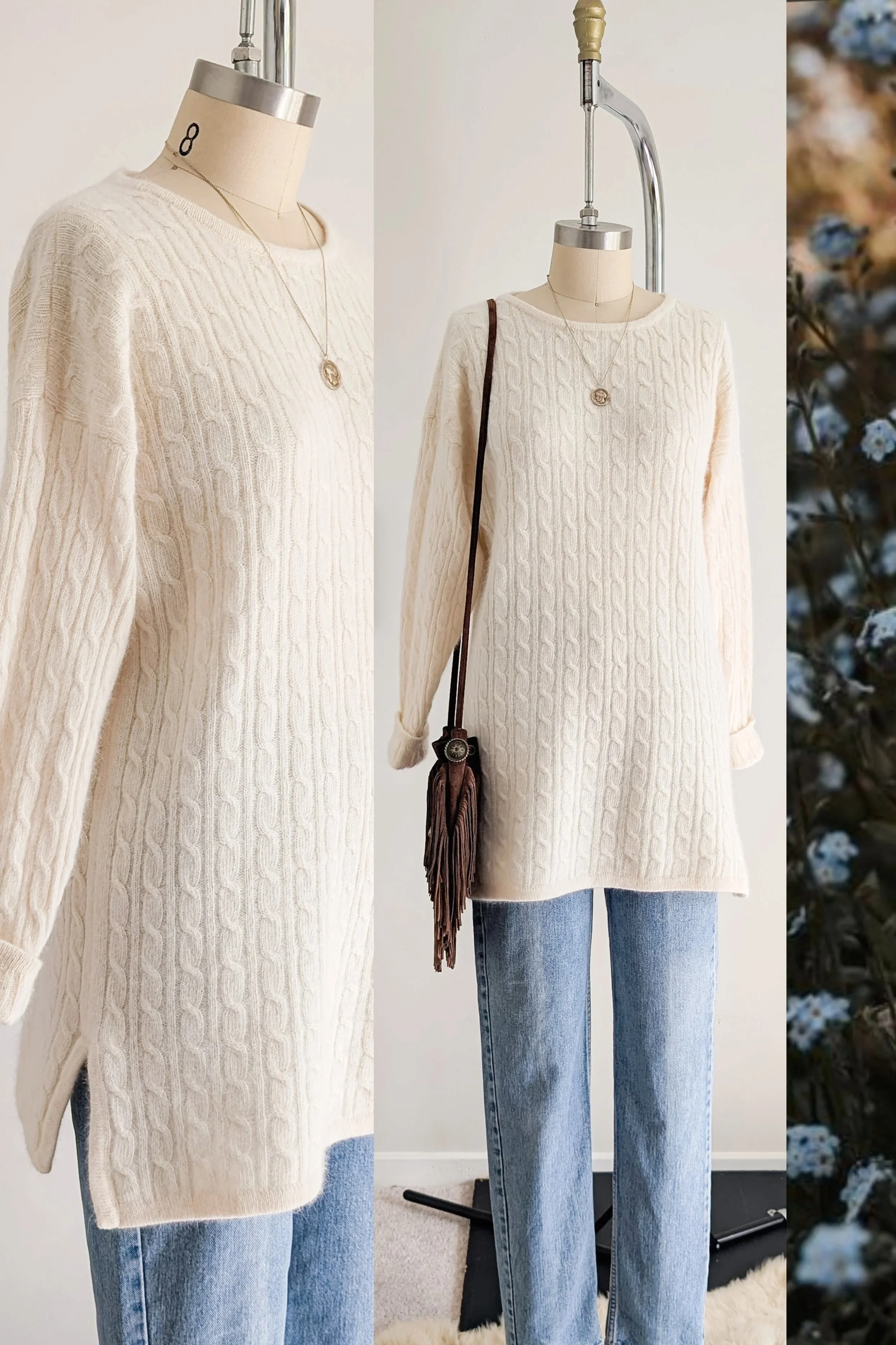 90s Ivory Cable Knit Lambswool / Angora Crew Neck Sweater