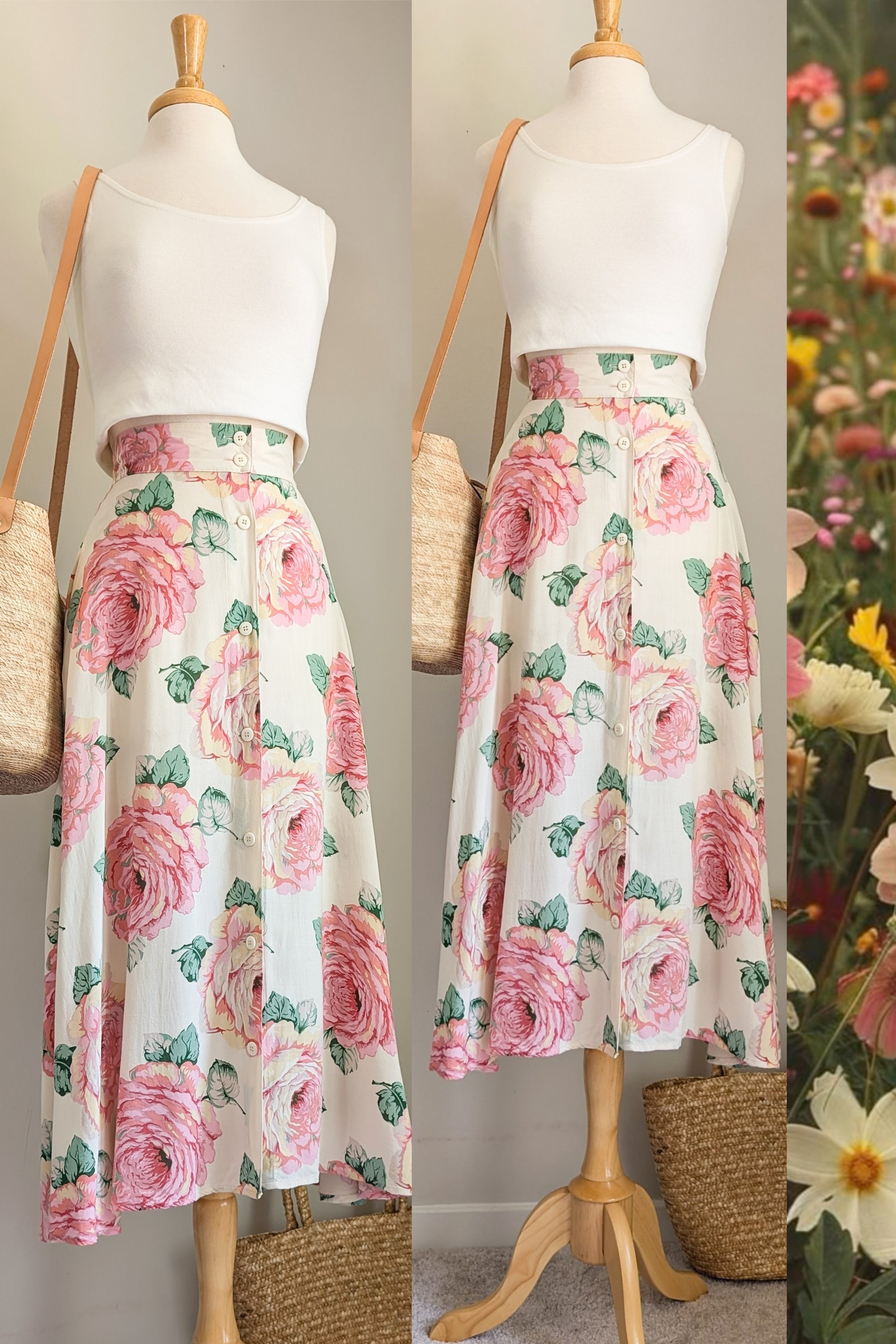 90s Ivory Rose High Waisted Button Front Maxi Skirt