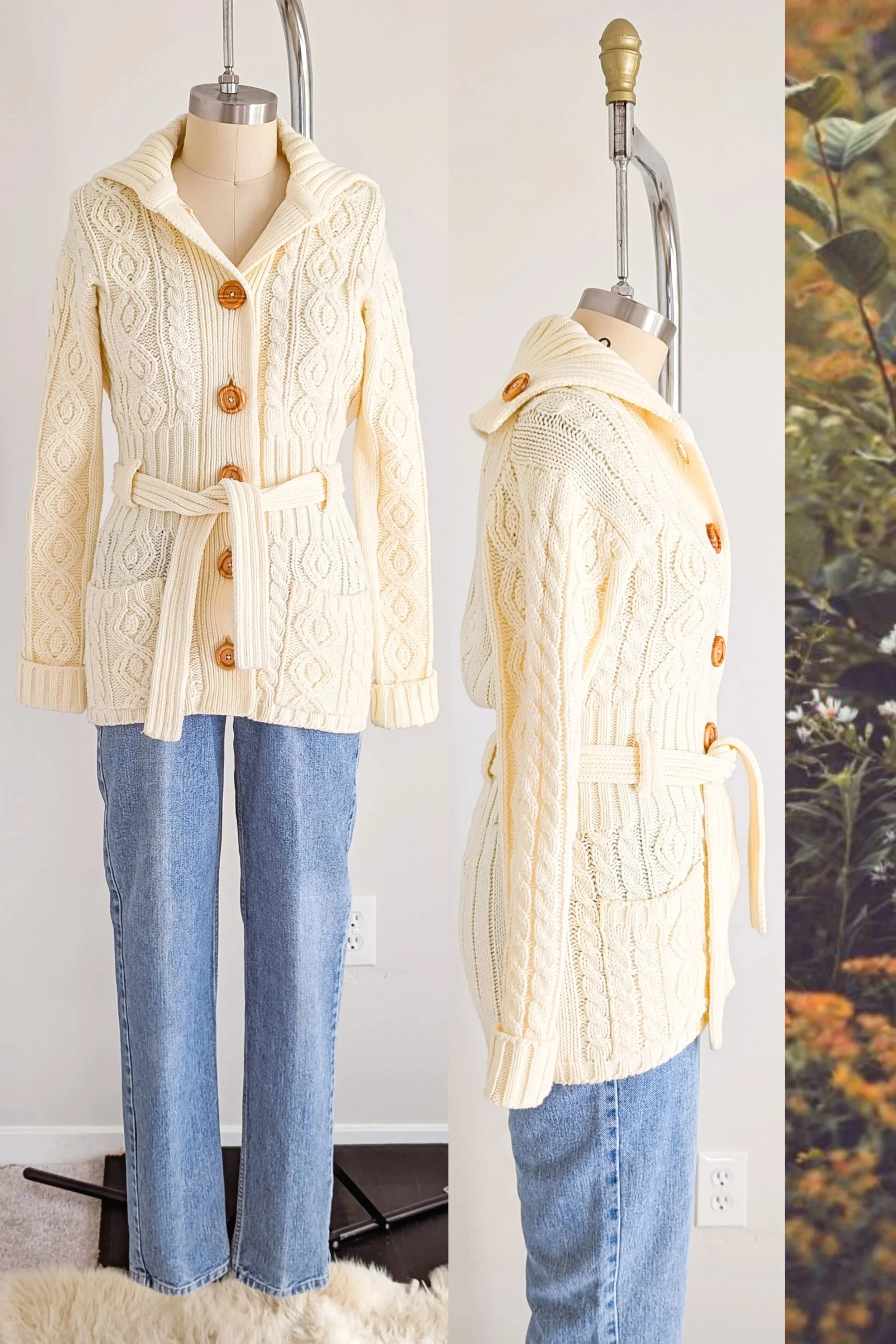 60s Cable Knit Wooden Button Sailor Collar Tie Waist Cardigan