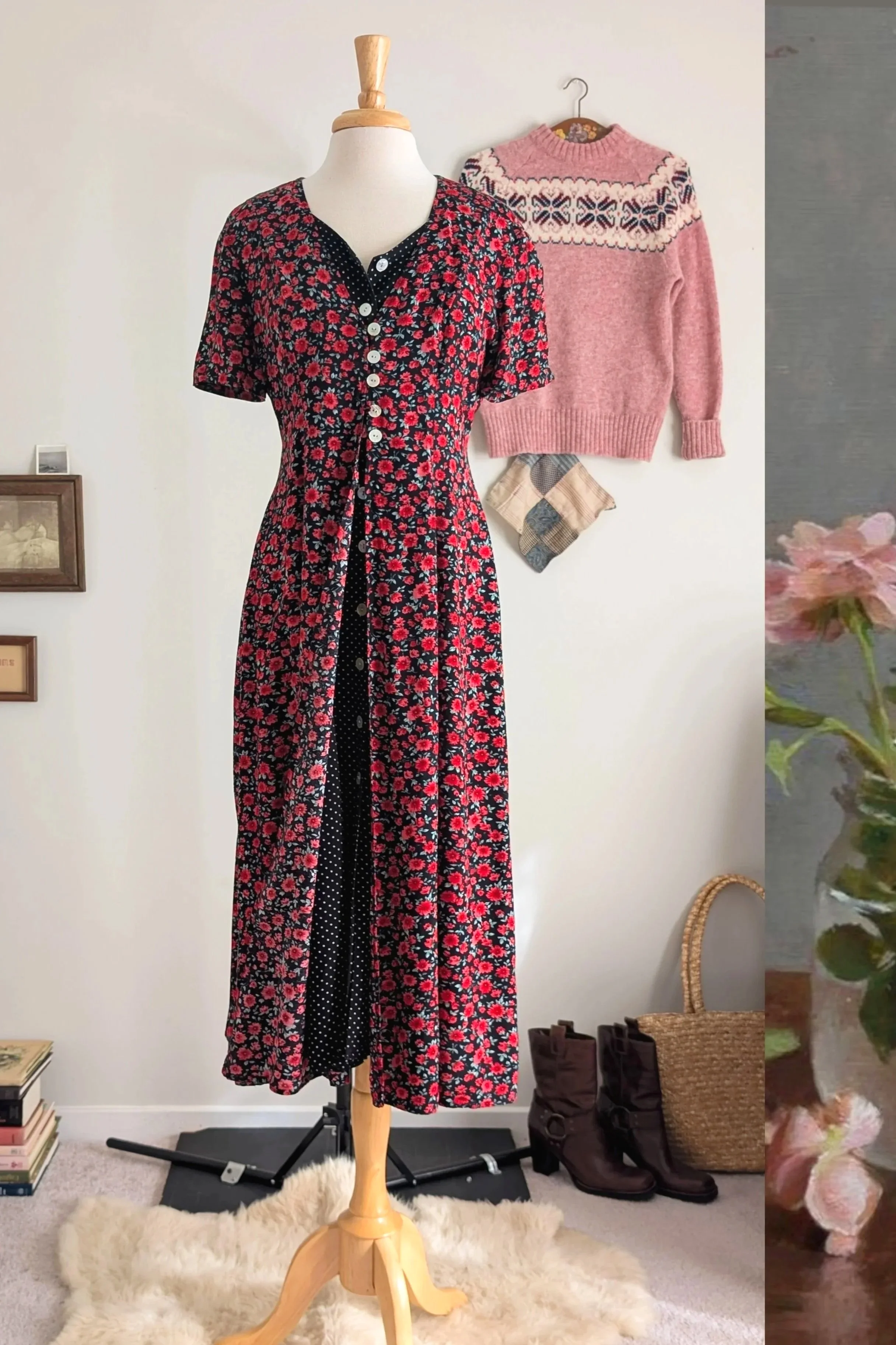 90s Mixed Floral & Polka Dot Print Button Front Midi Dress