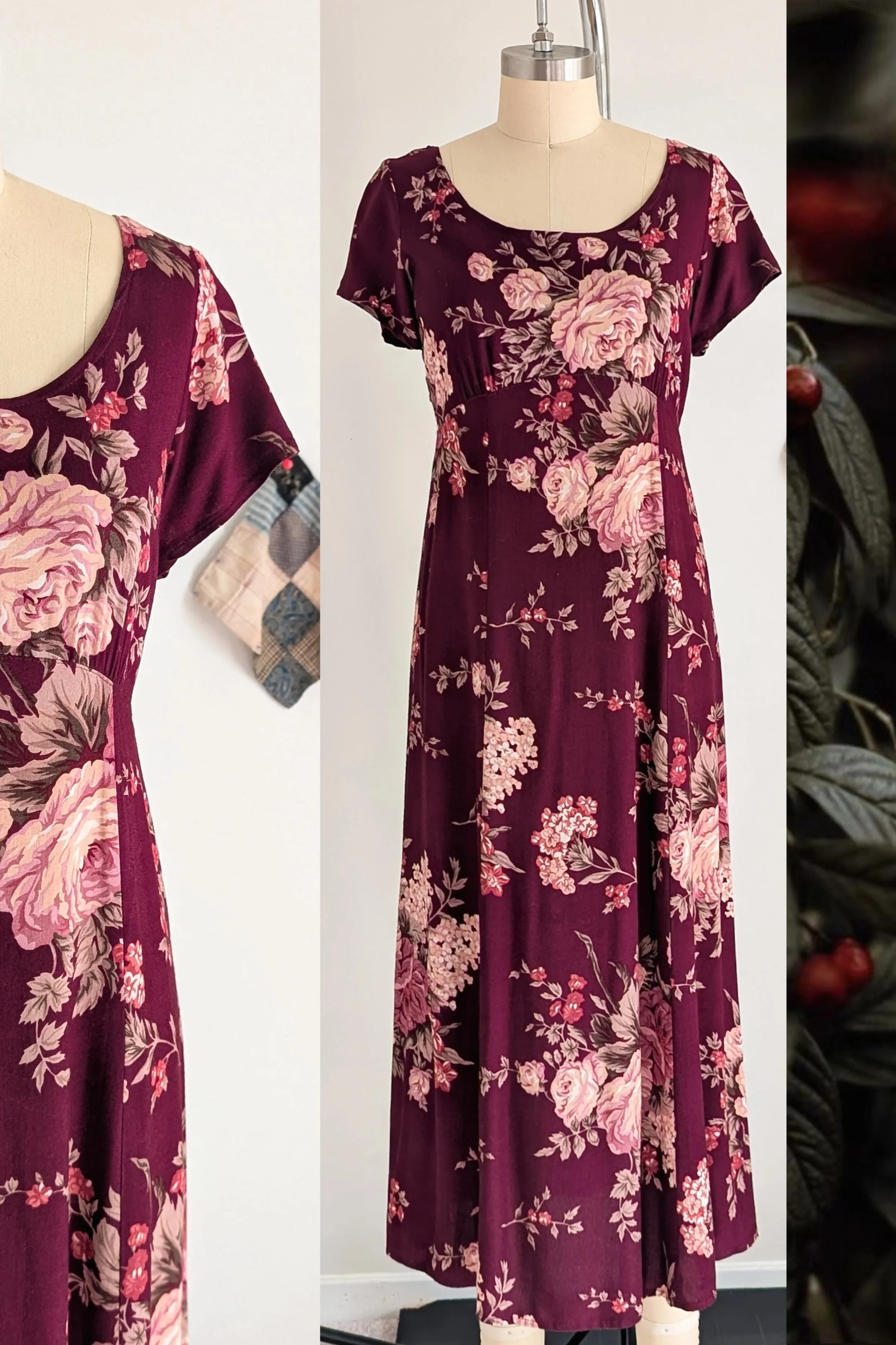 90s Maroon Floral Cross Back Tie Waist Midi Dress