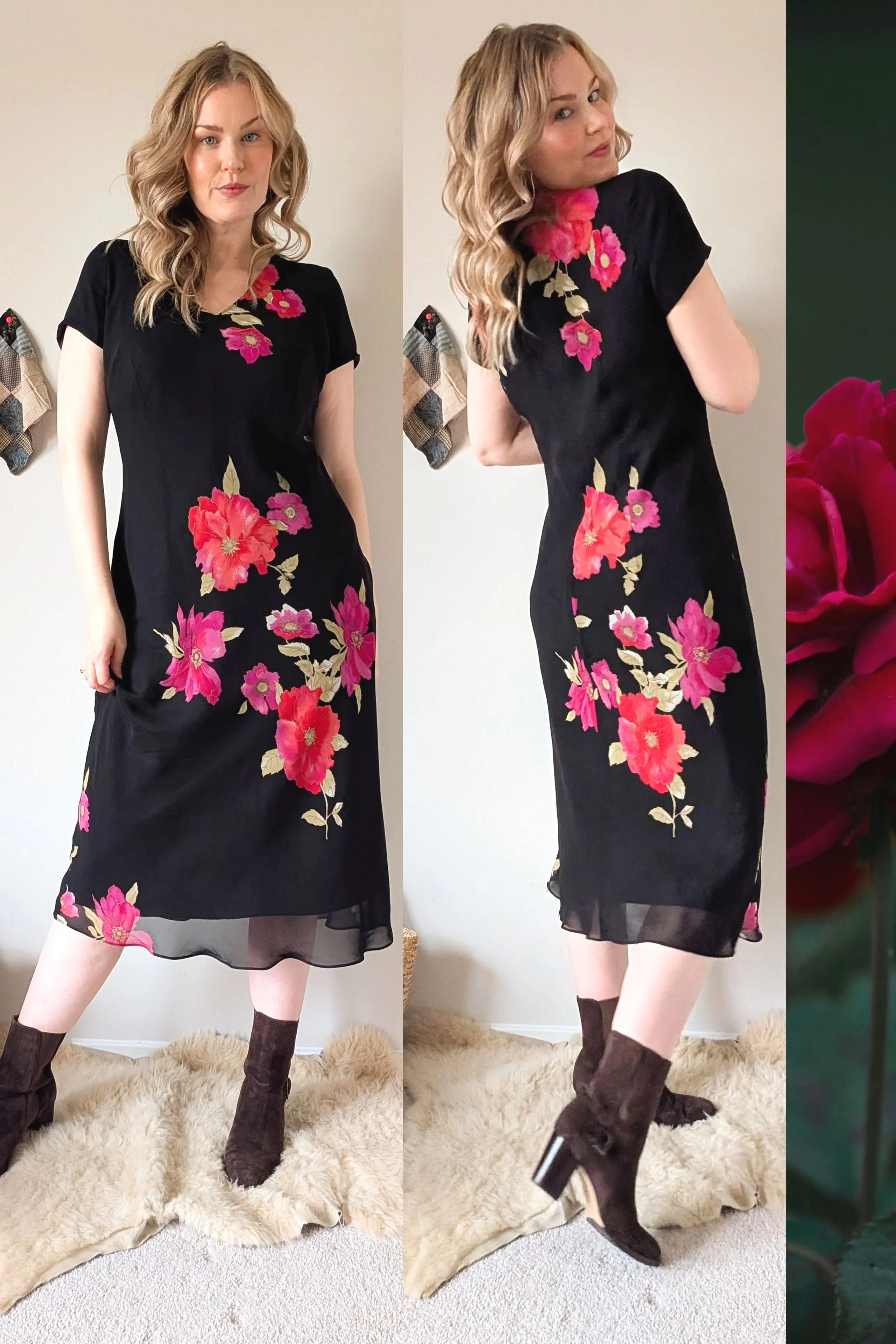 90s Bias Cut Black Floral V Neck Midi Length Dress