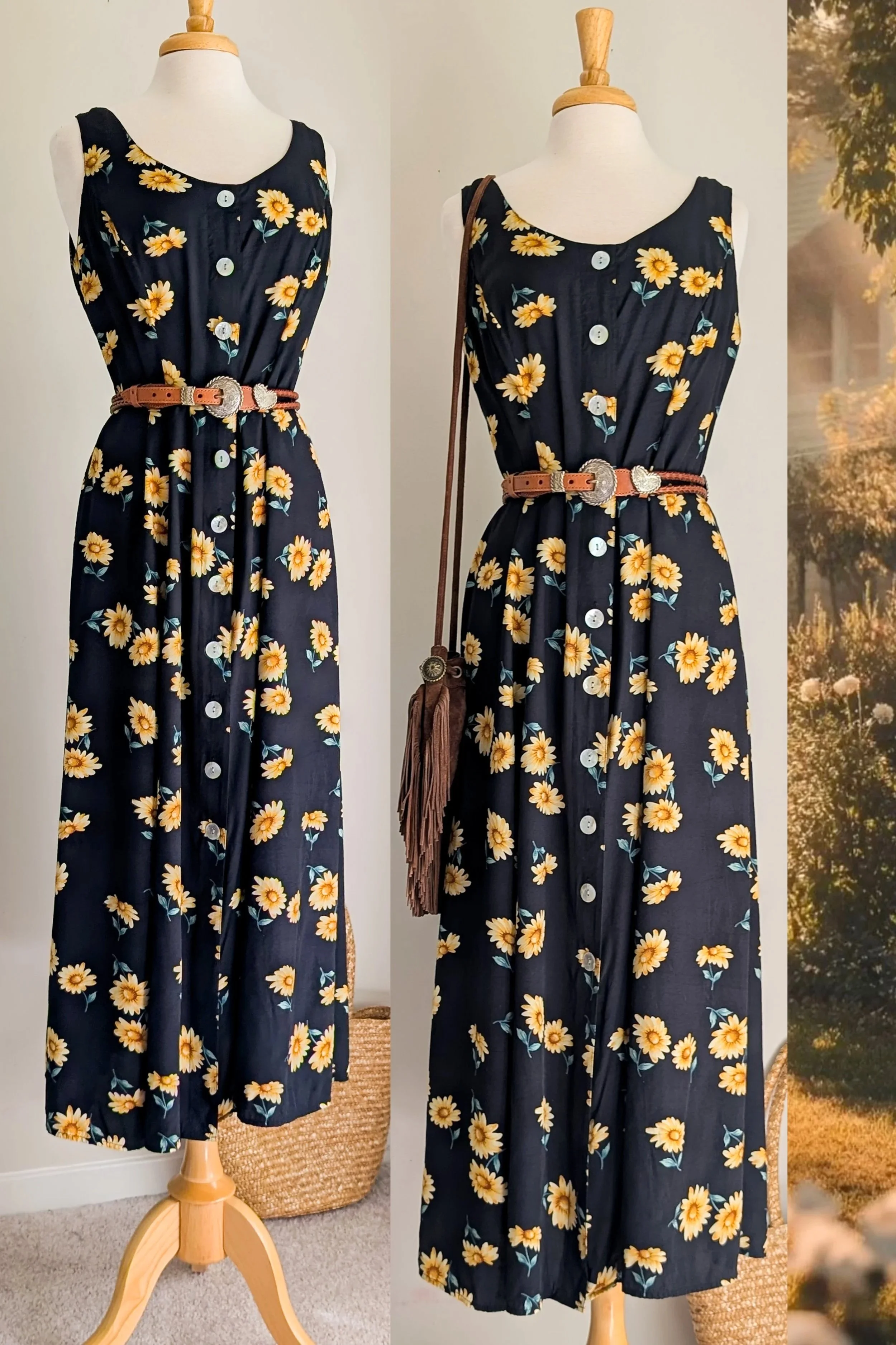 90s Black Floral Criss-Cross Back Button Front Maxi Dress