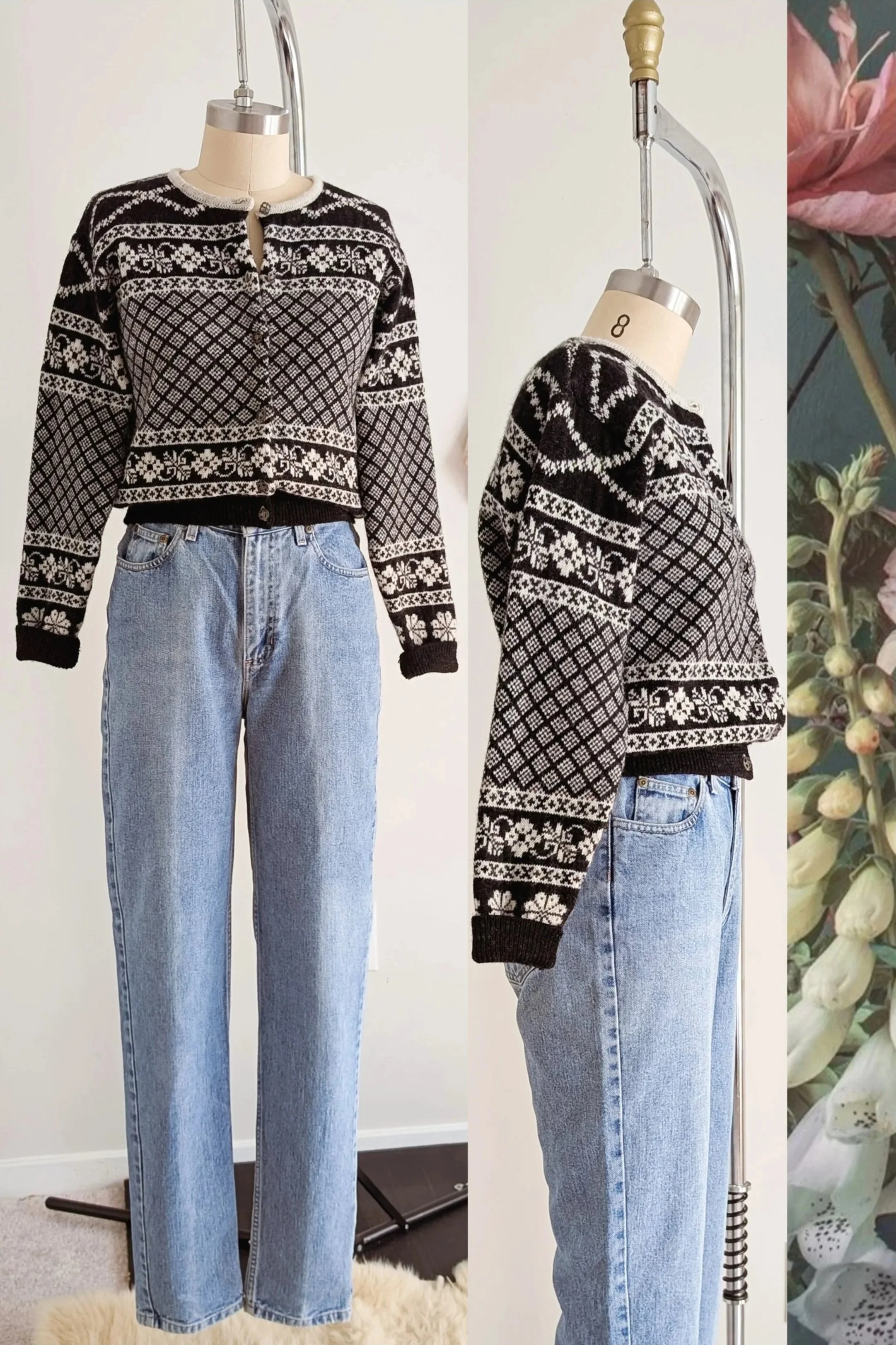 90s Floral Black & White Wool Fair Isle Cardigan Sweater