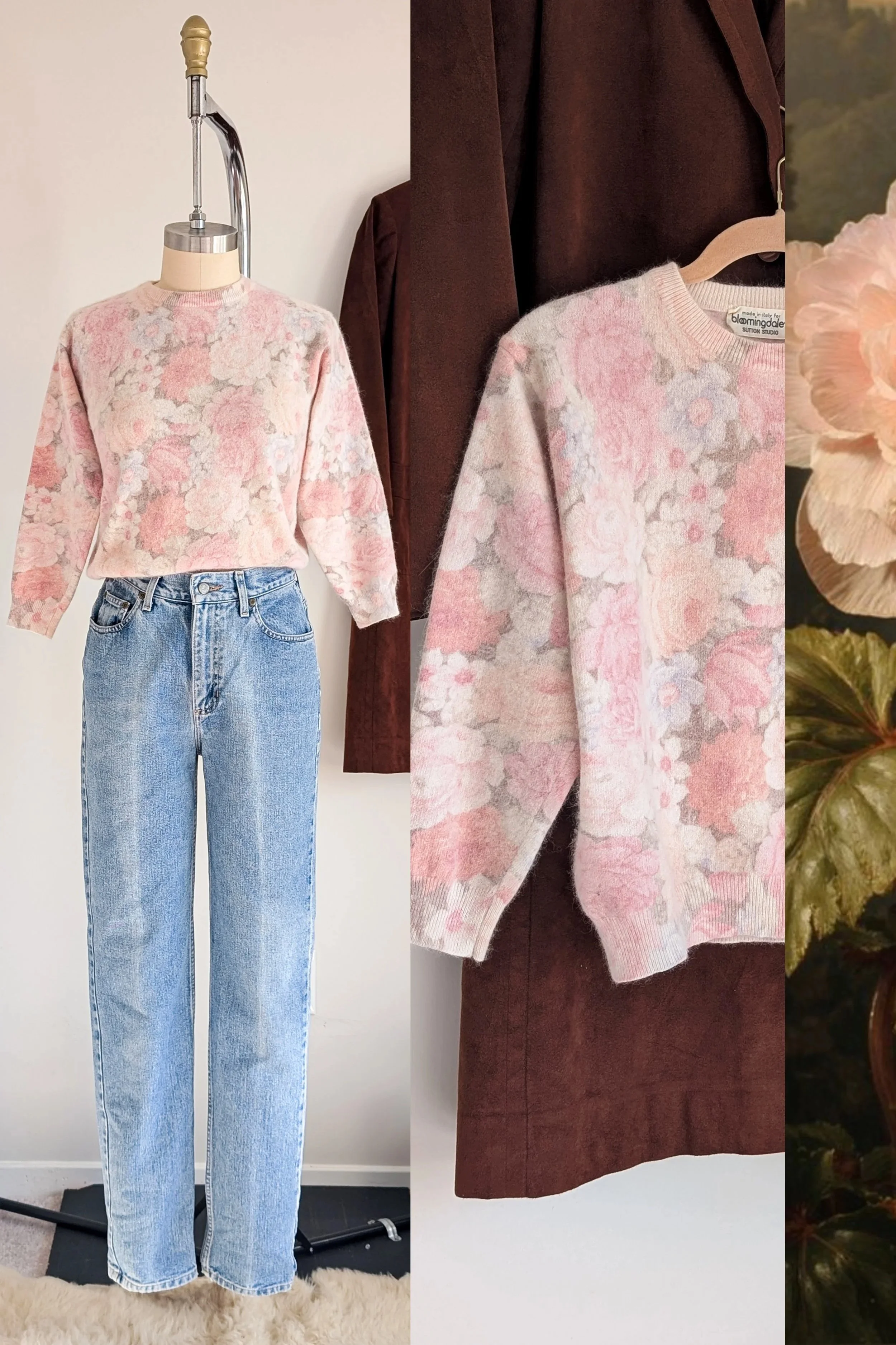 80s Pastel Floral Angora Wool Crew Neck Sweater