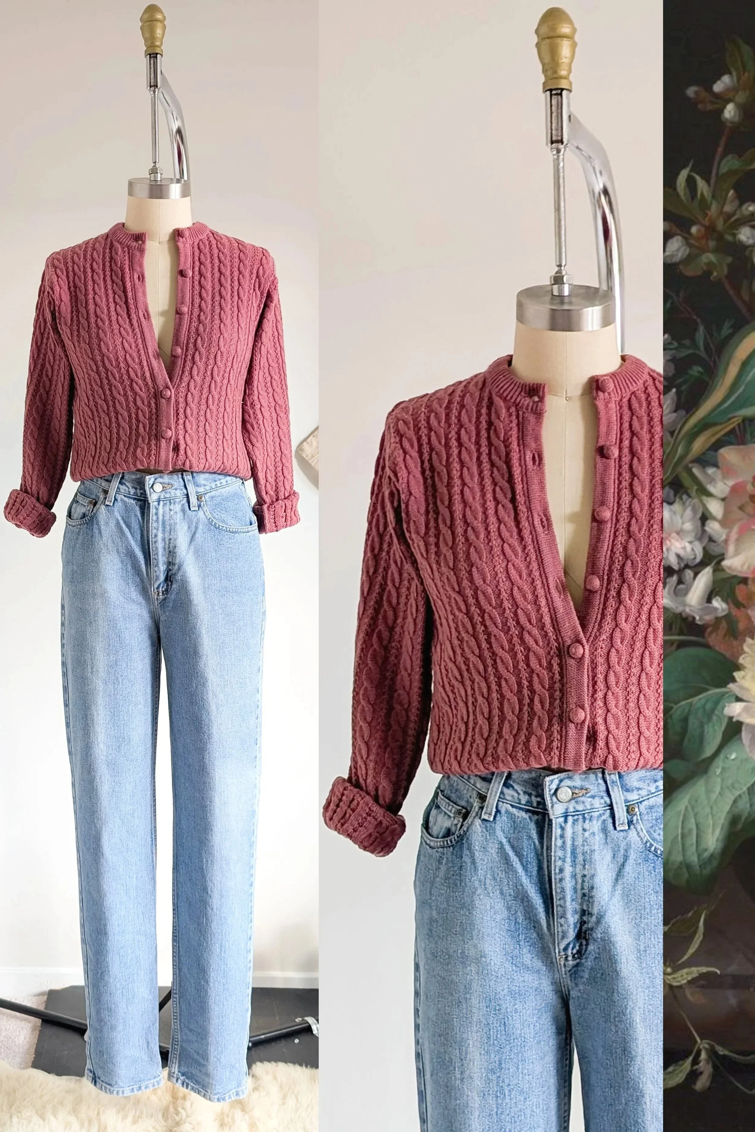 80s Mauve Cable Knit Button Front Cardigan