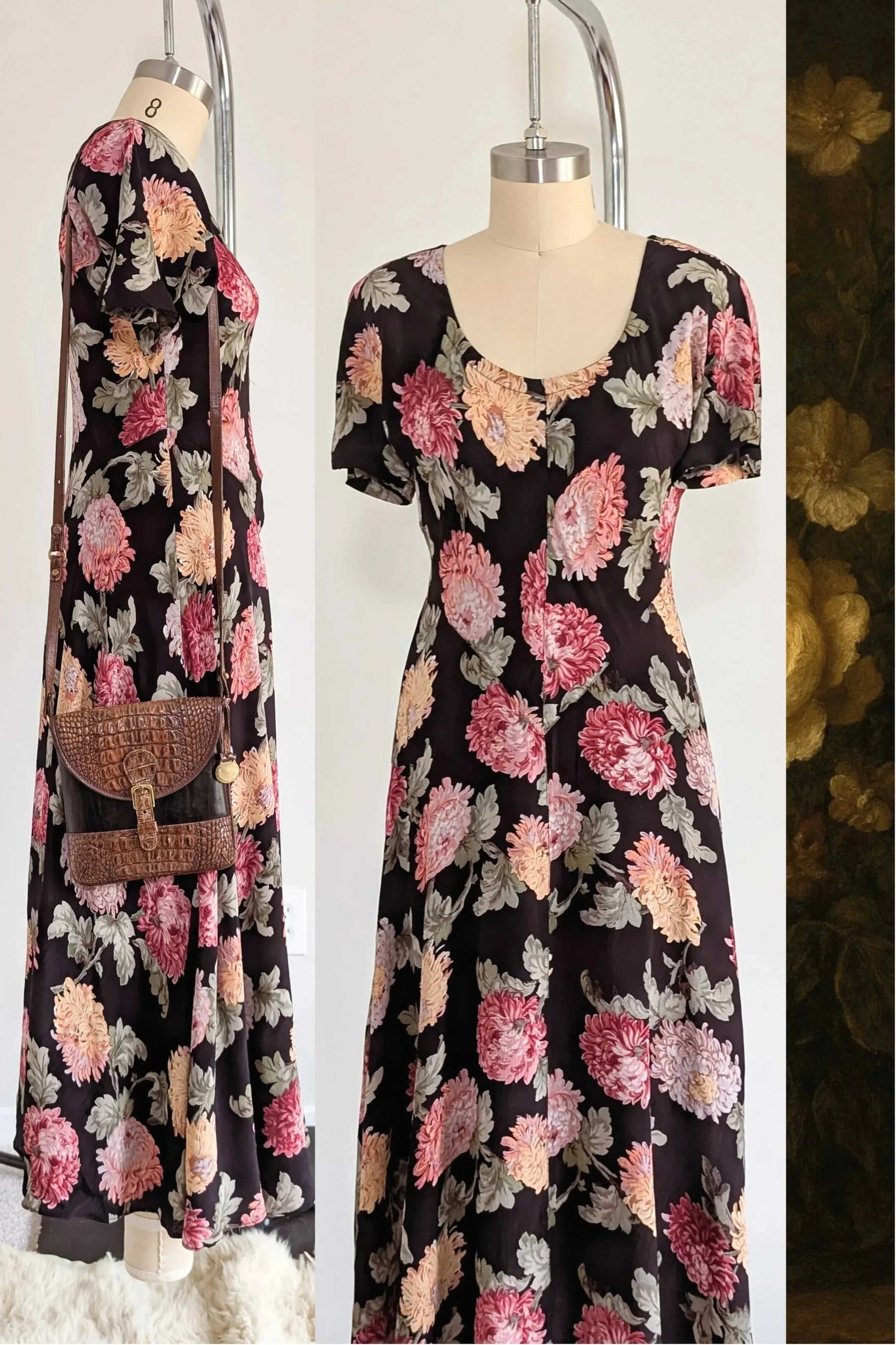 90s Black Floral Bias Cut Basque Waist Maxi Length Dress