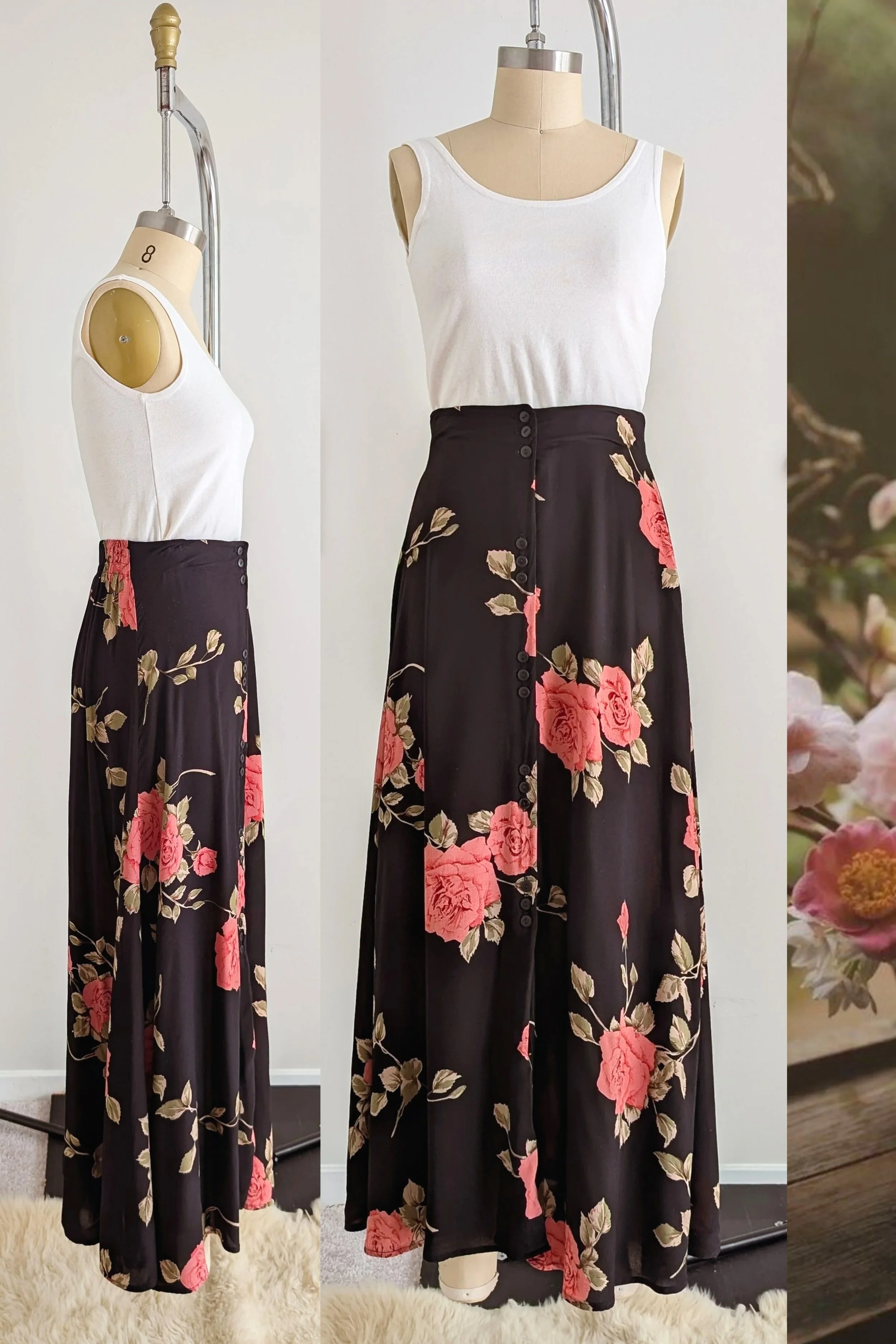 90s Black Floral High Waisted Button Front Maxi Length Skirt