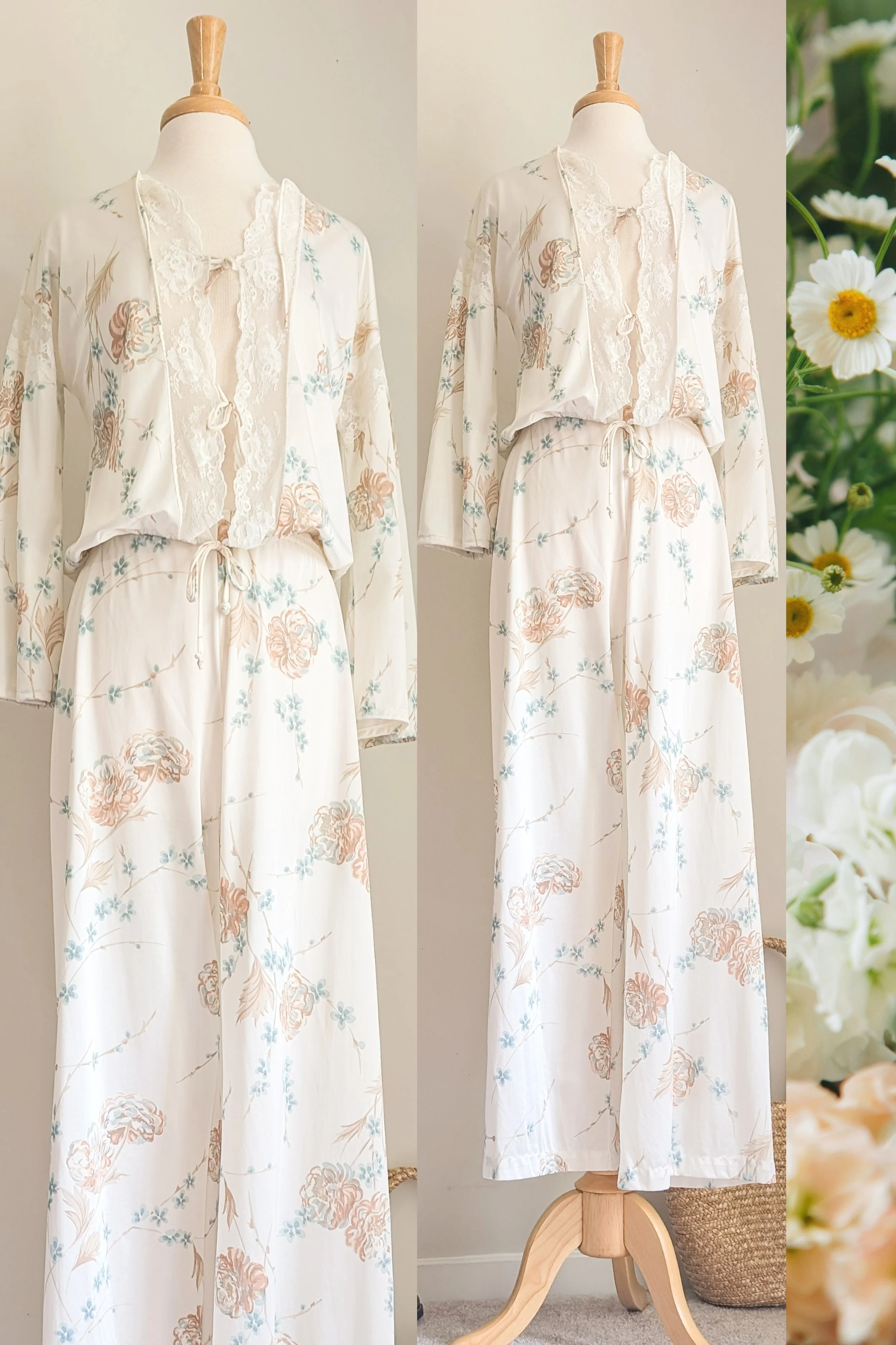 70s Floral Lace Trim Tie Top Wide Leg Lounge Set