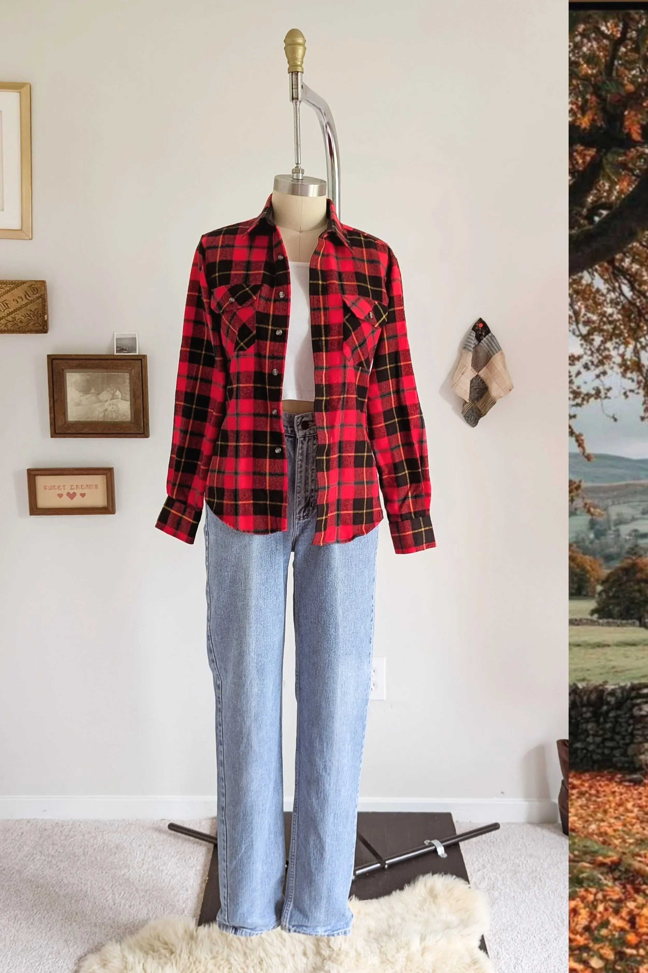 80s Red Plaid Long Sleeve Button Front Flannel