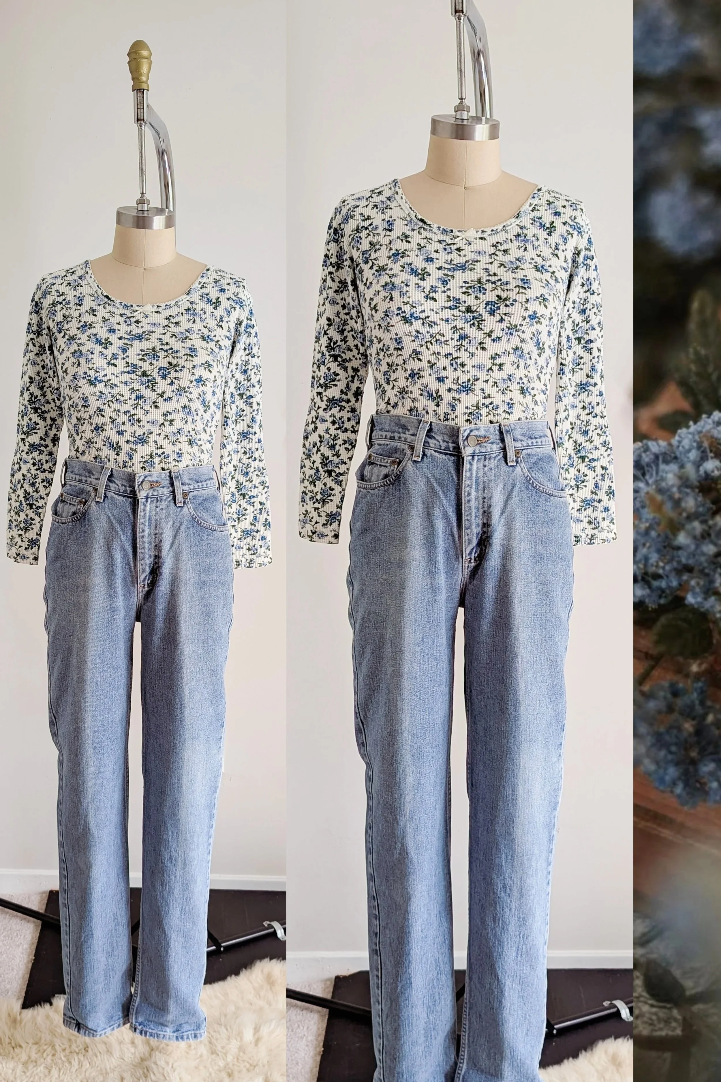 90s Blue & White Floral Waffle Knit Cotton Long Sleeve Bodysuit