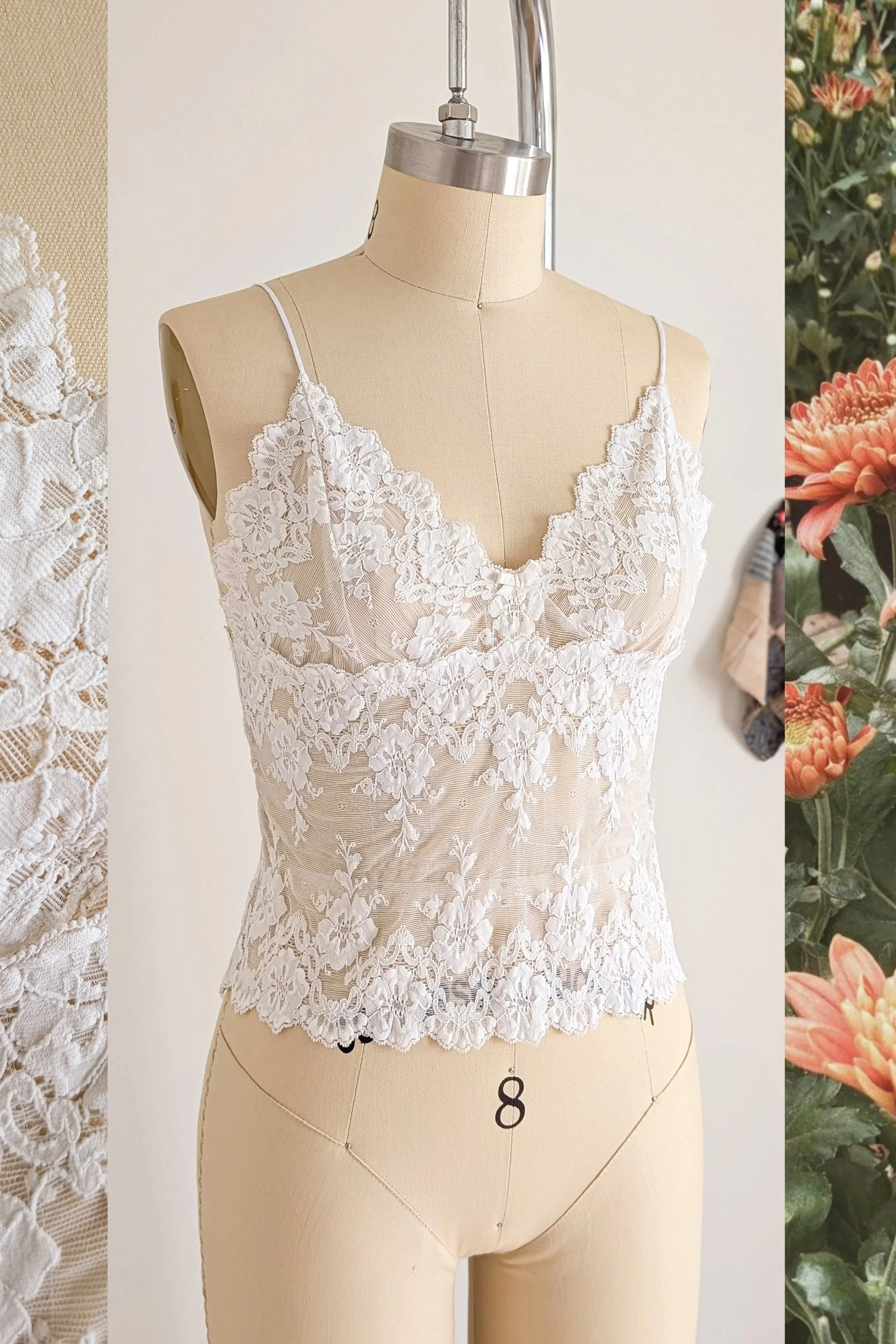 80s Sheer Ivory Floral Lace Victoria's Secret Gold Label Bralette Top