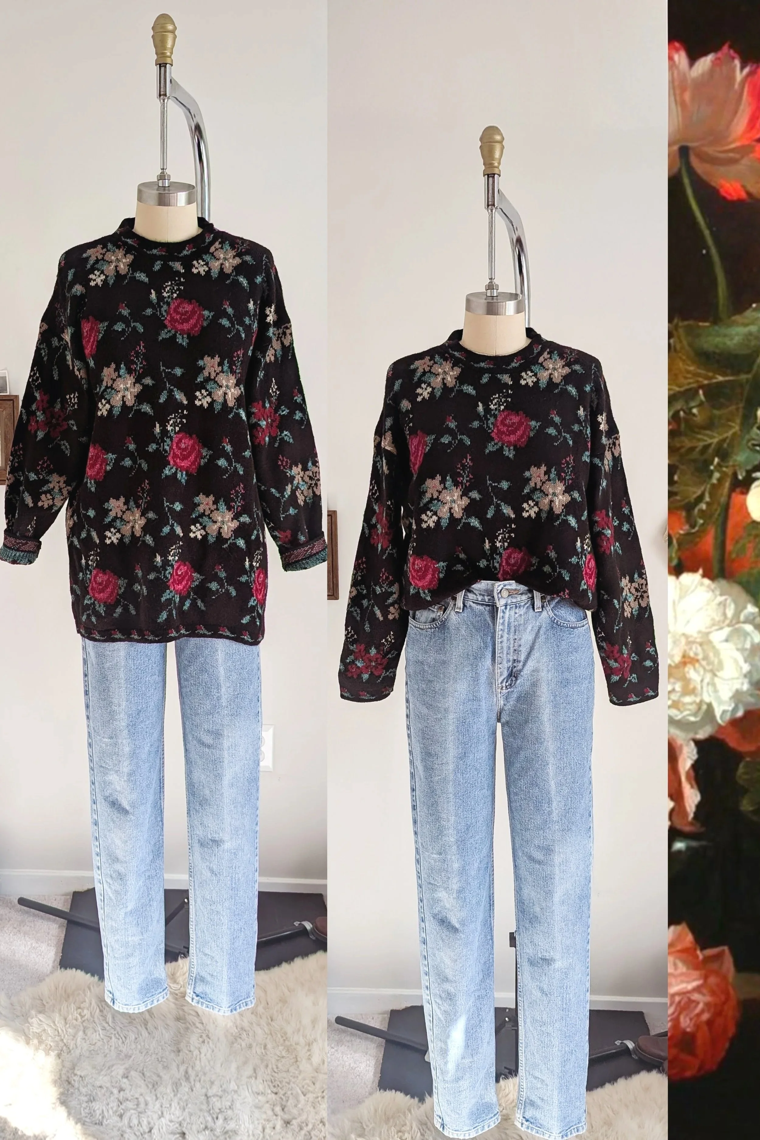90s Black Floral Crew Neck Long Sleeve Tunic Sweater