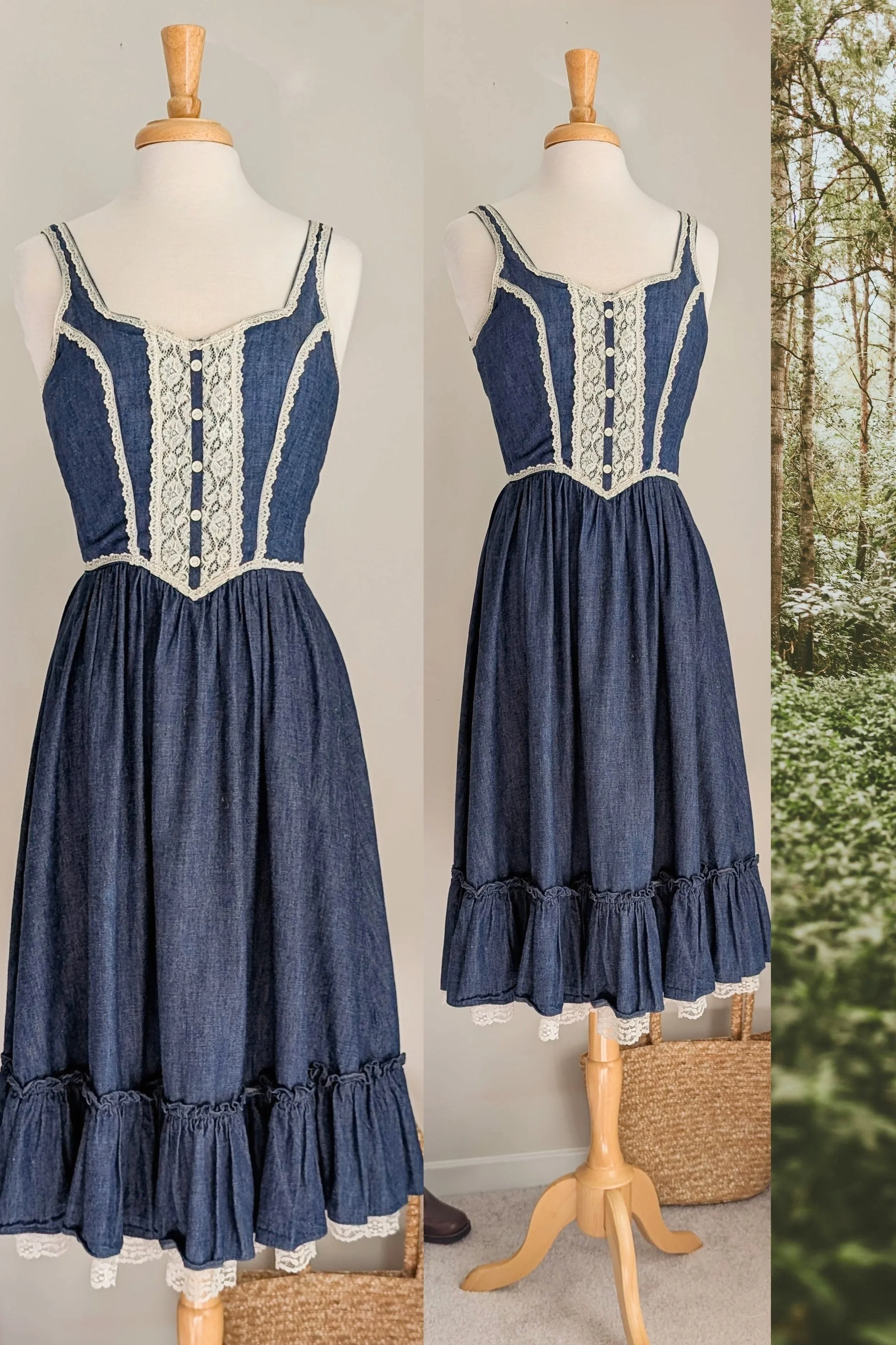 70s Indigo Denim & Lace Fit and Flare Midi Dress