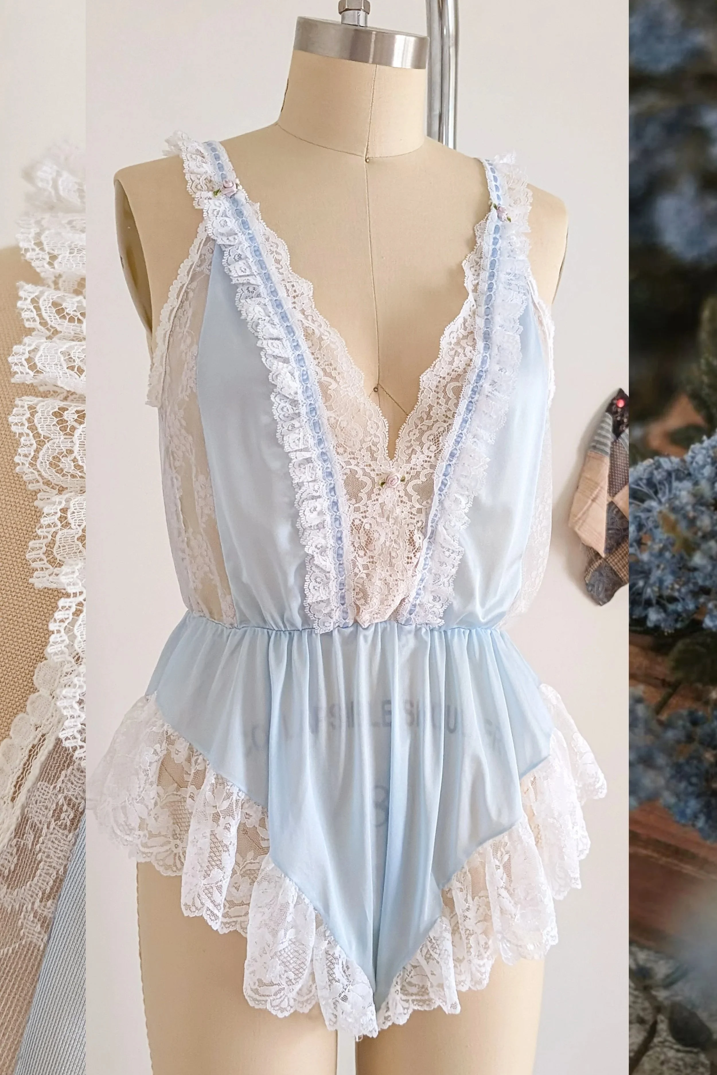 1960s Baby Blue Sheer Lacy Rose Bud Bodysuit / Negligee