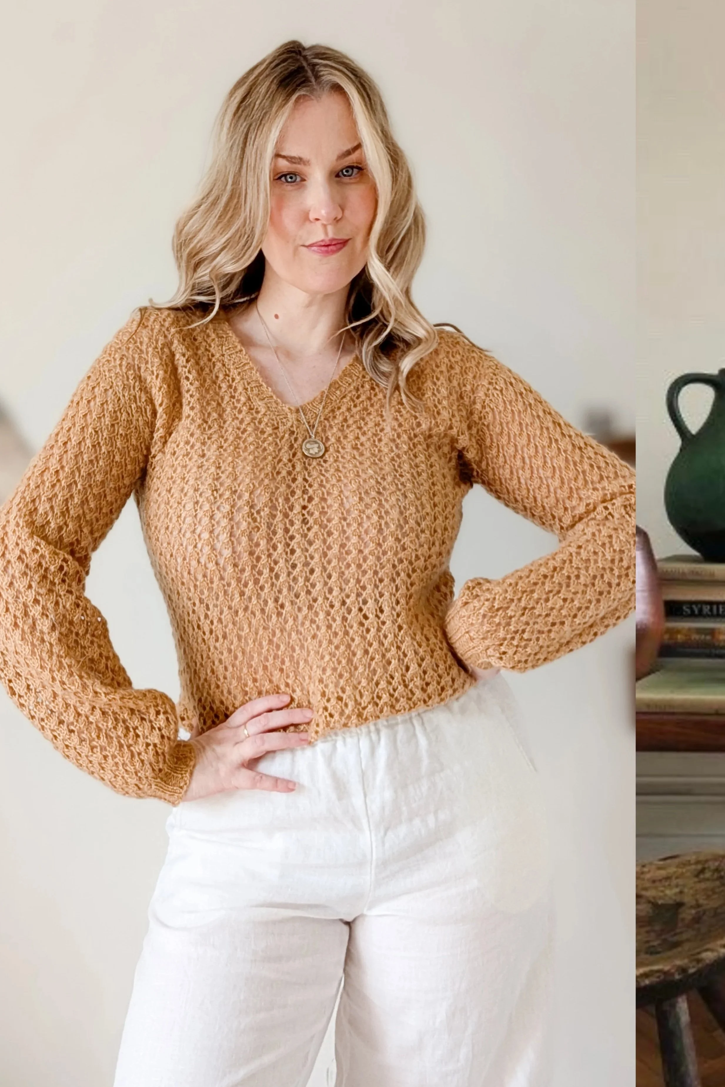 Vintage Handmade Open Knit Mohair V Neck Crochet Sweater