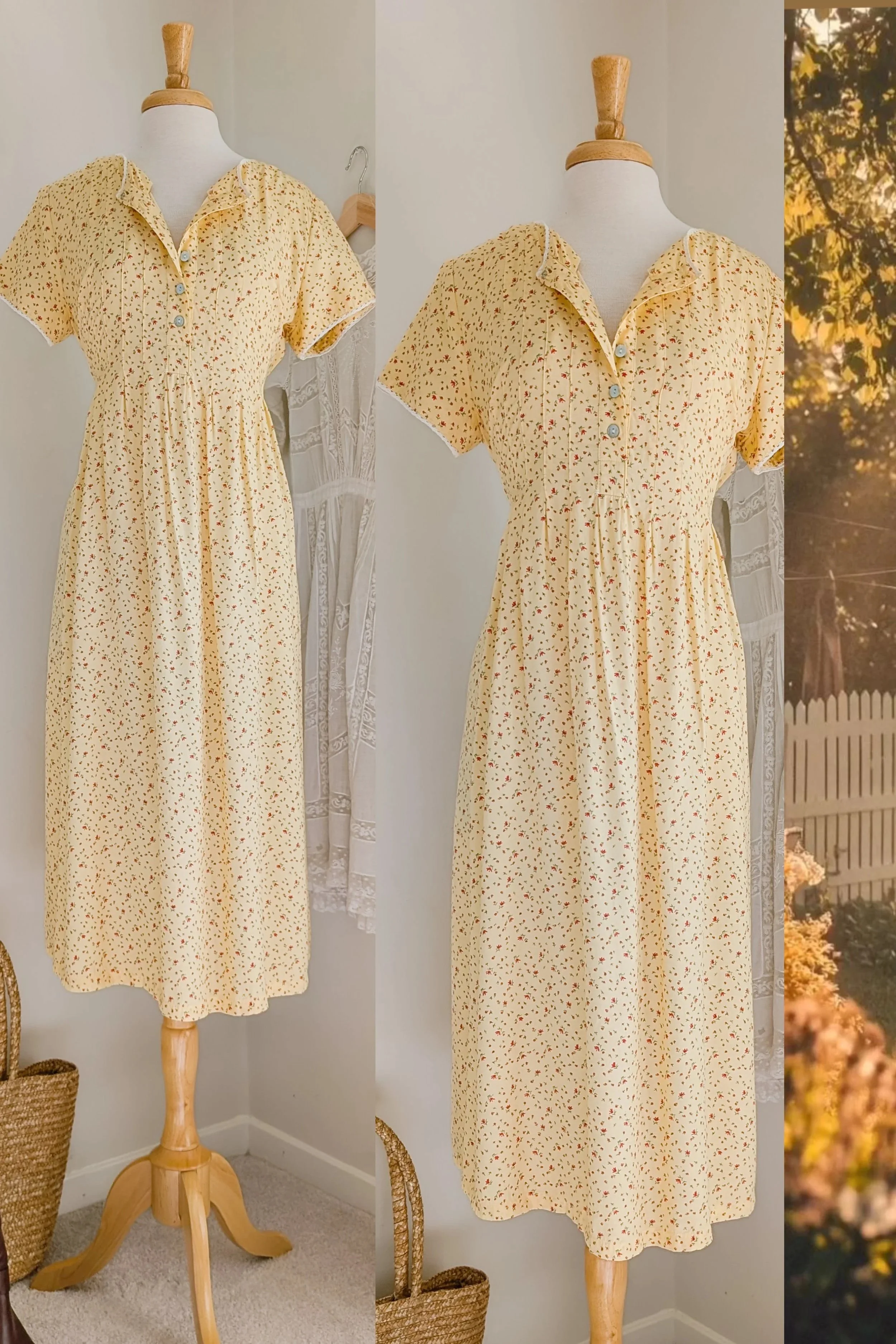 90s Butter Yellow Floral Tie Waist Midi Length Housedress