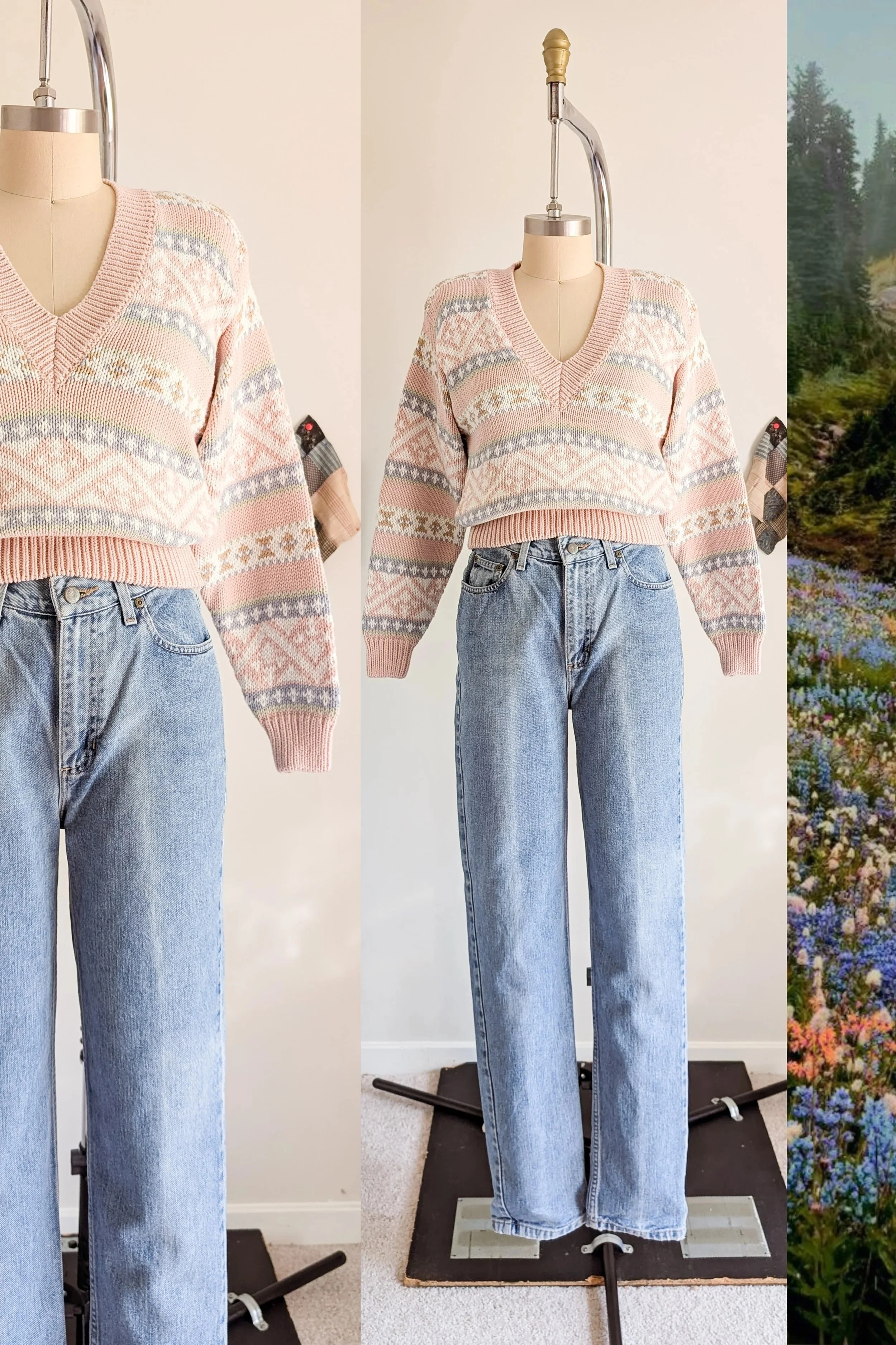 90s Pastel Fair Isle V Neck Cotton Knit Sweater