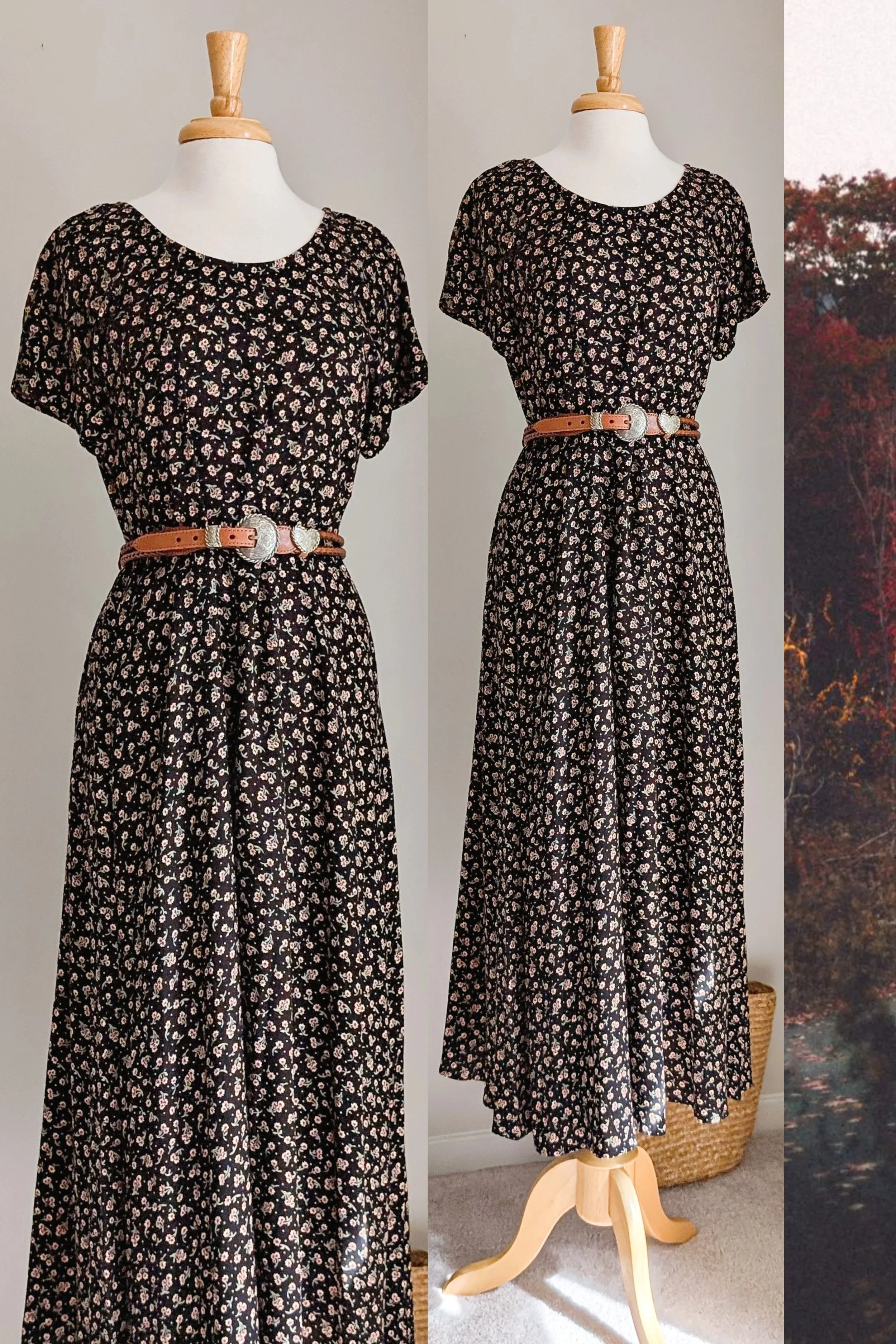 90s Black Flowy Floral Cinch Waist Maxi Length Dress