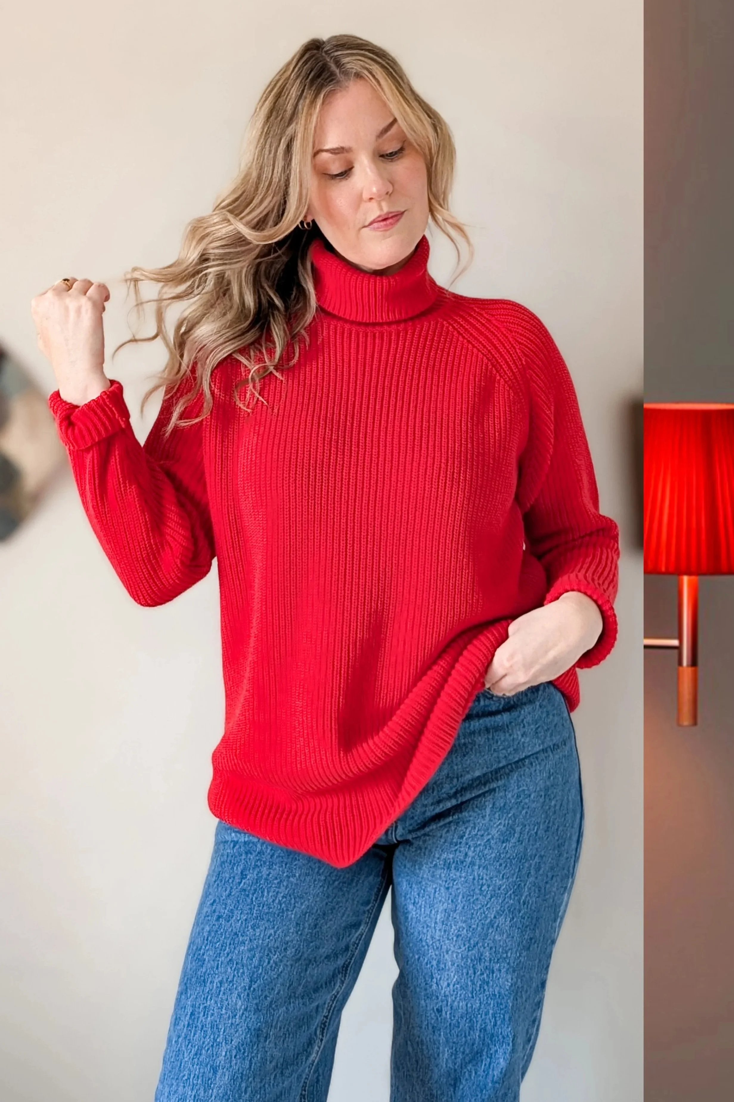 90s Red Ribbed Cotton Raglan Turtleneck Sweater