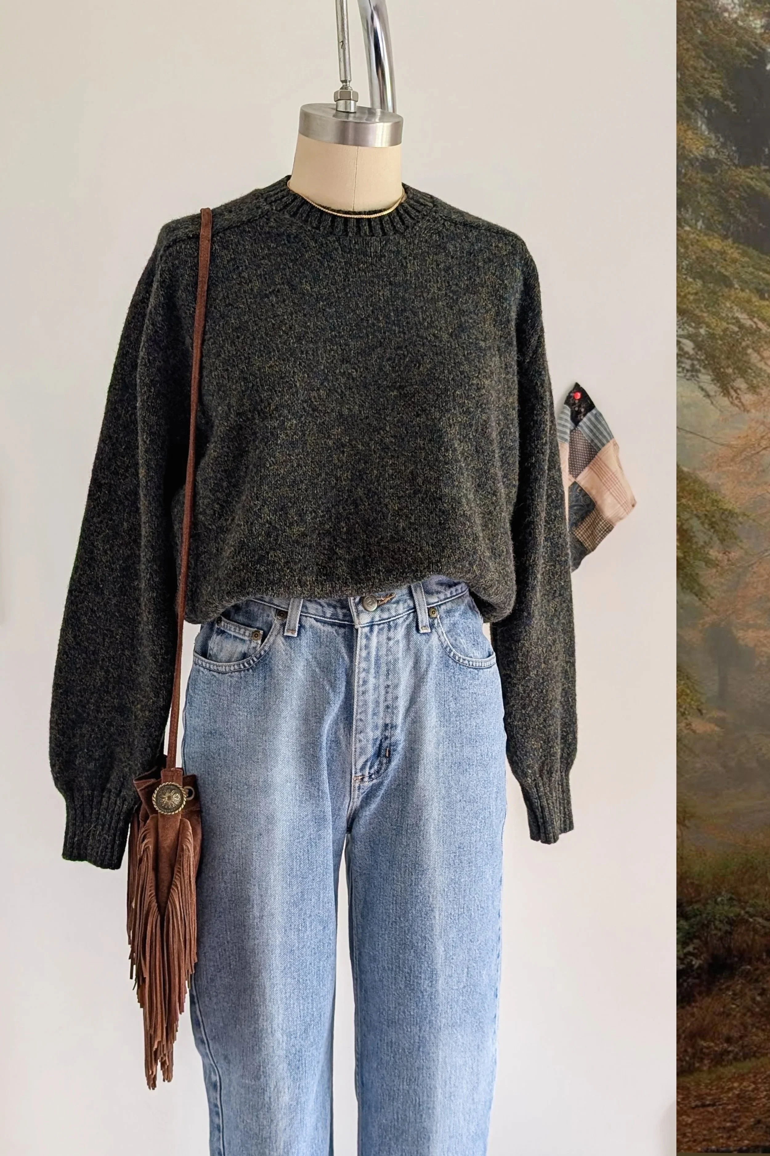 70s Green Heathered Scotland Wool Ribbed Crew Neck Sweater