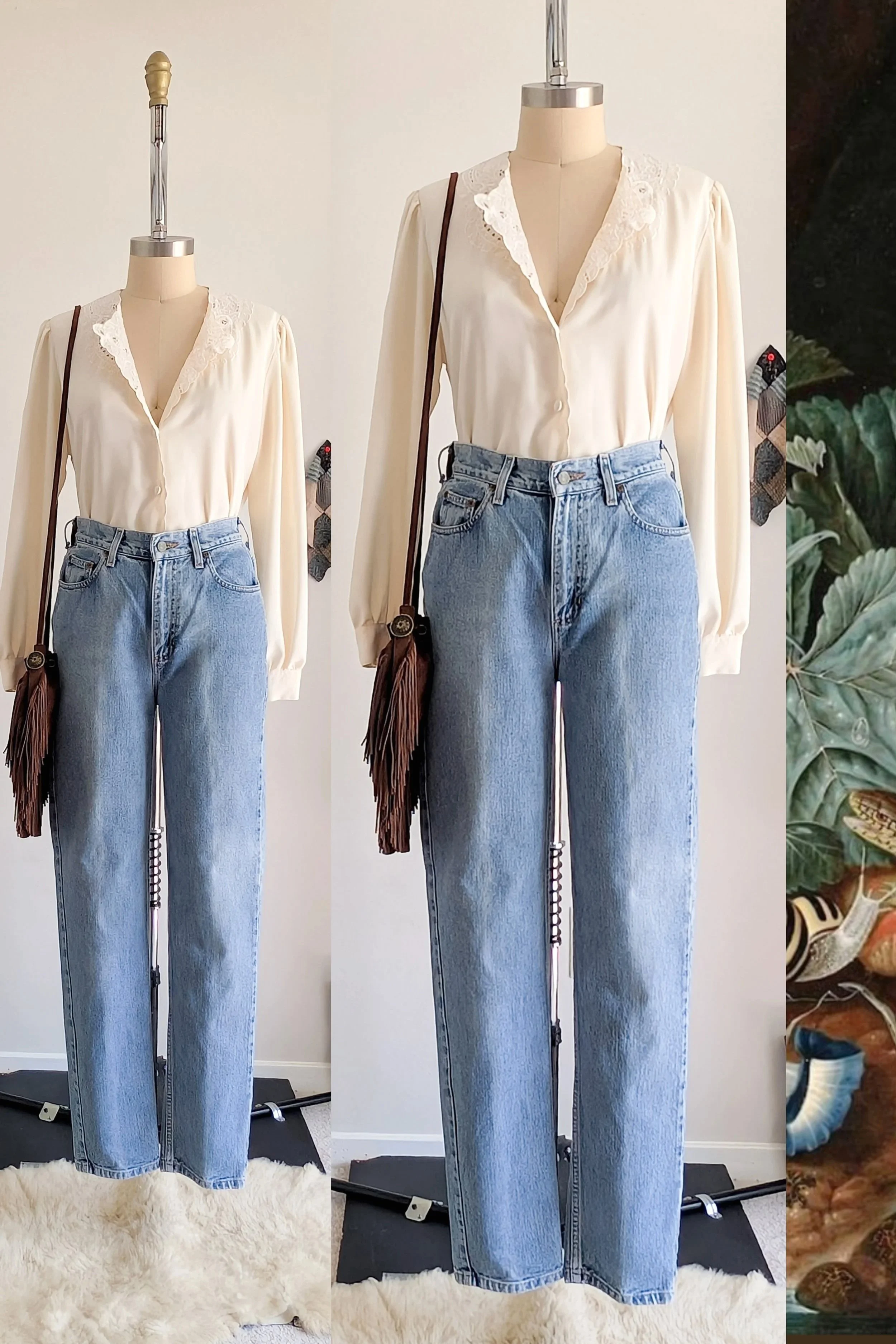 90s Ivory Floral Embroidered Cutwork Crew Neck Blouse