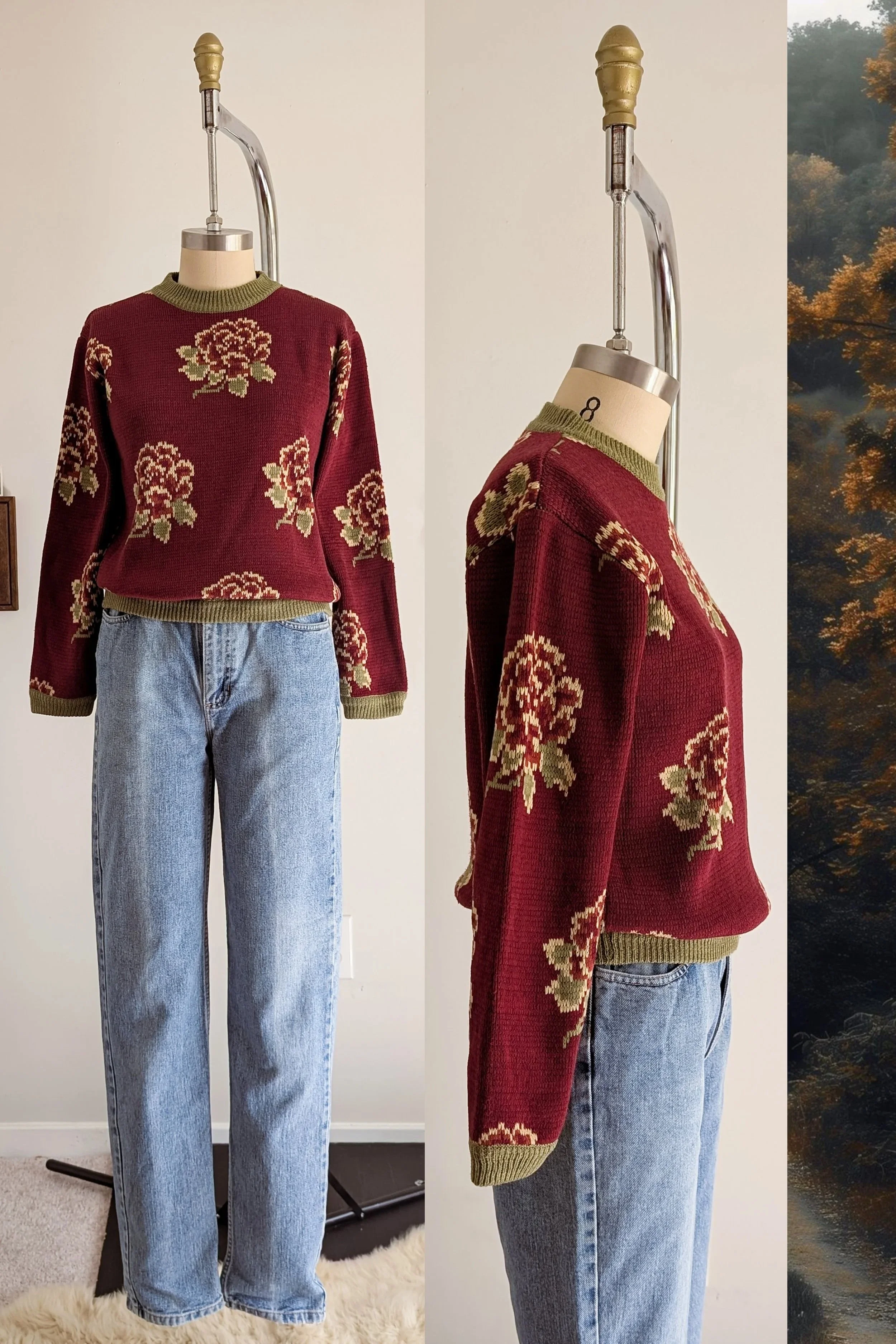 80s Maroon Floral Long Sleeve Crew Neck Intarsia Knit Sweater