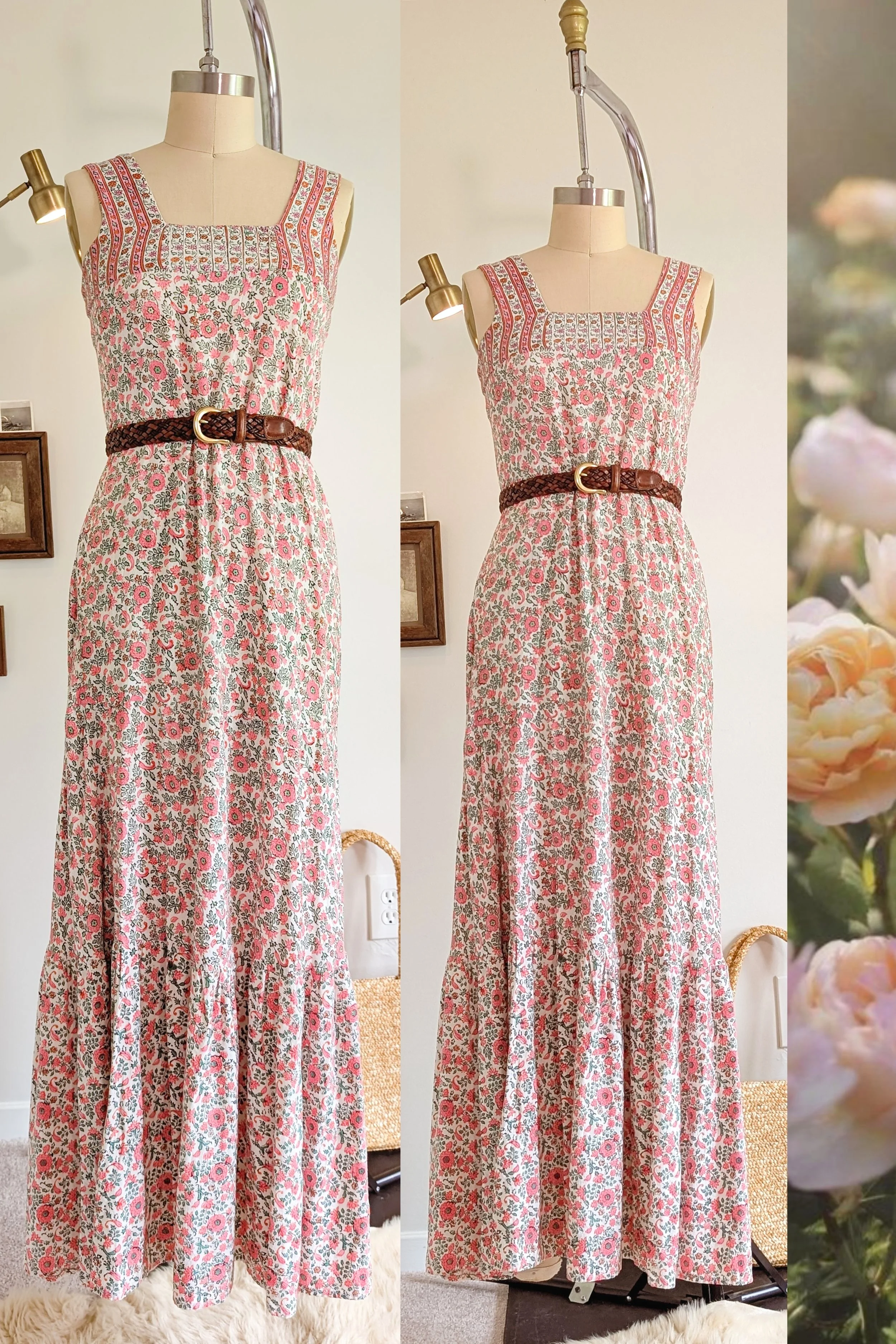 70s Tiered Floral Hand Block Printed Indian Cotton Maxi Dress