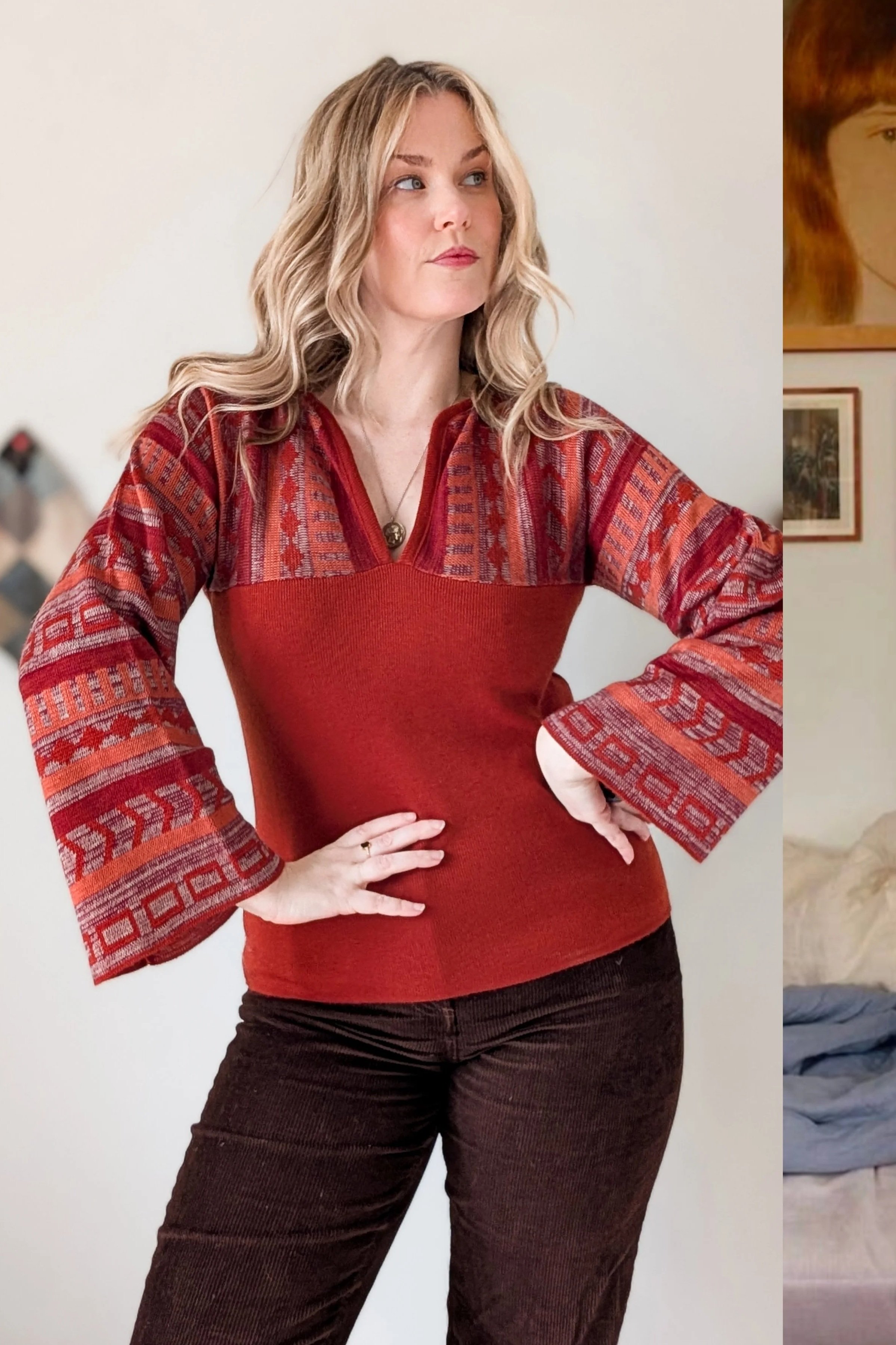 70s Red Bell Sleeve V Neck Knit Blouse