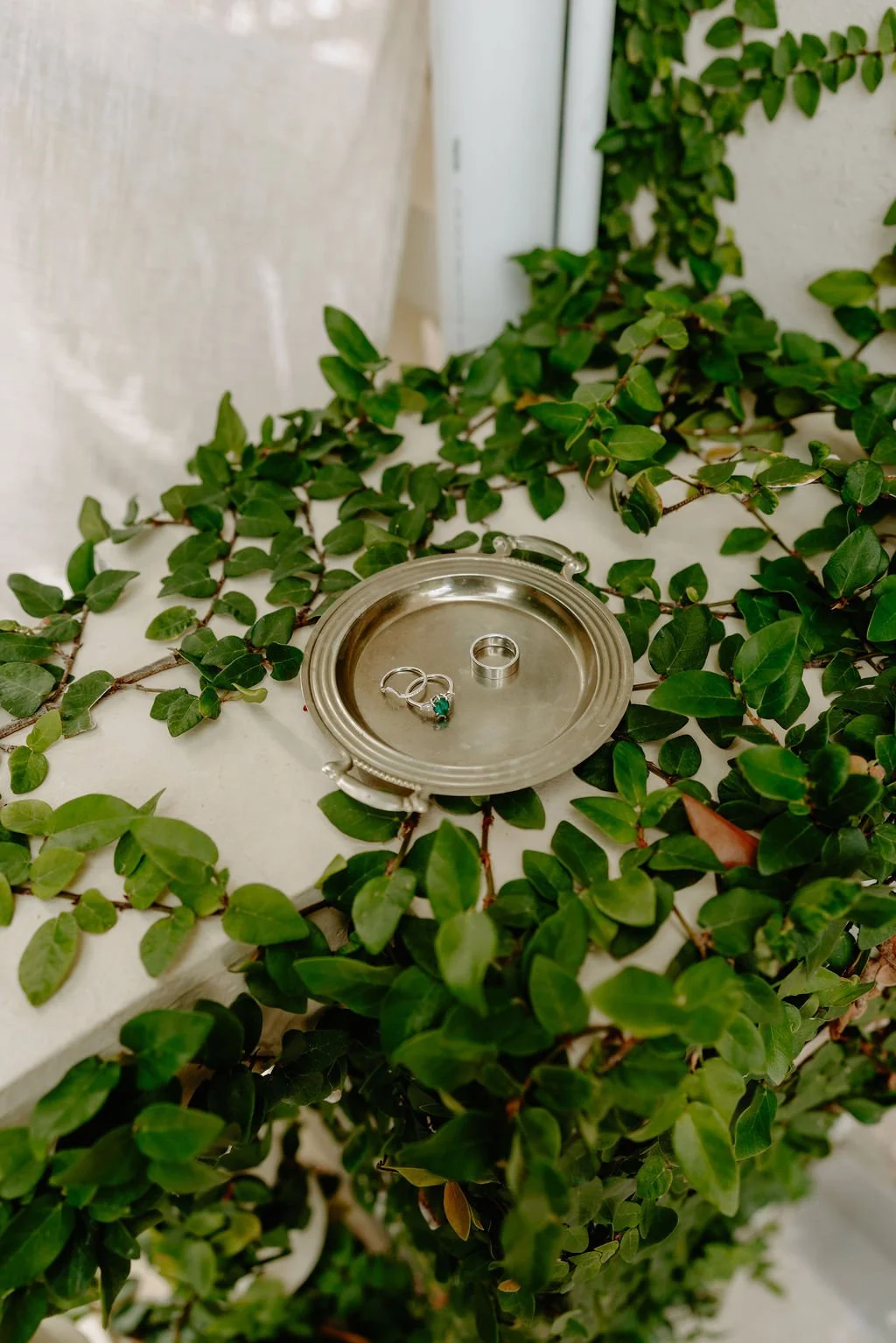 Silver tray with a ring, wedding band, and engagement ring with a green gemstone, placed on a white surface surrounded by green ivy plants.