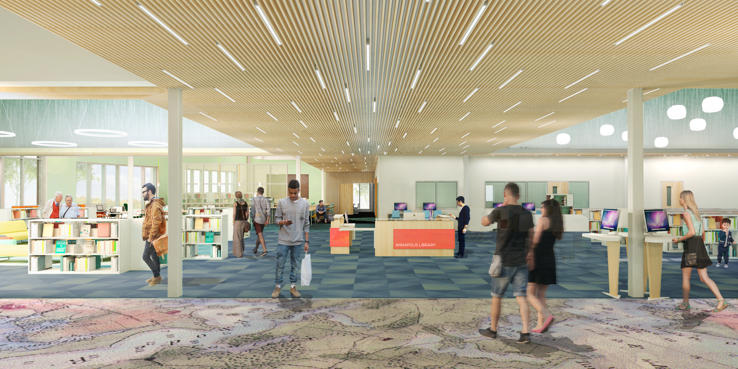 Design development view of main information/transaction desk and the teen/maker space beyond. (Rendering courtesy of WGM Architects)