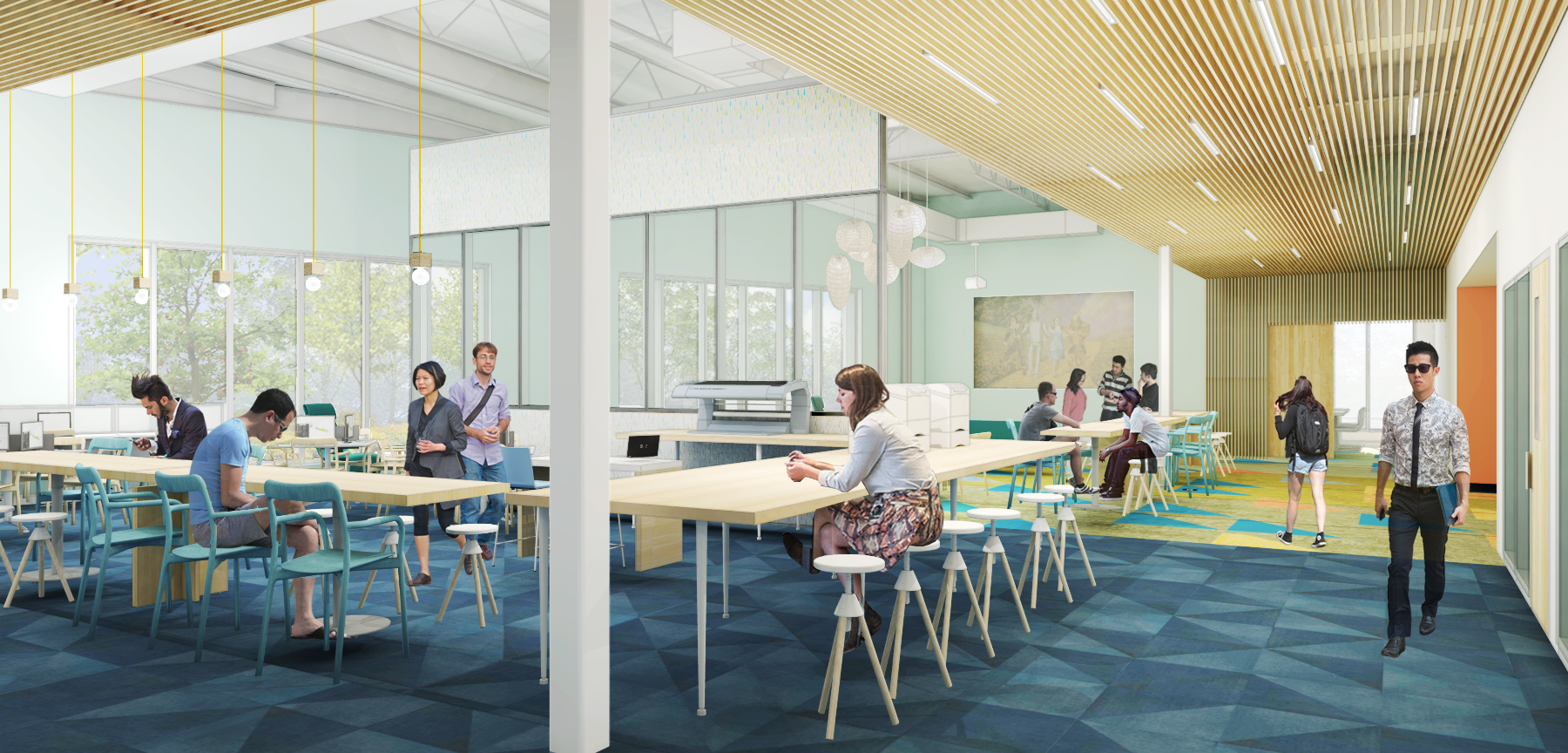 Design development view of the teen/maker space and conference room beyond. (Rendering courtesy of WGM Architects)