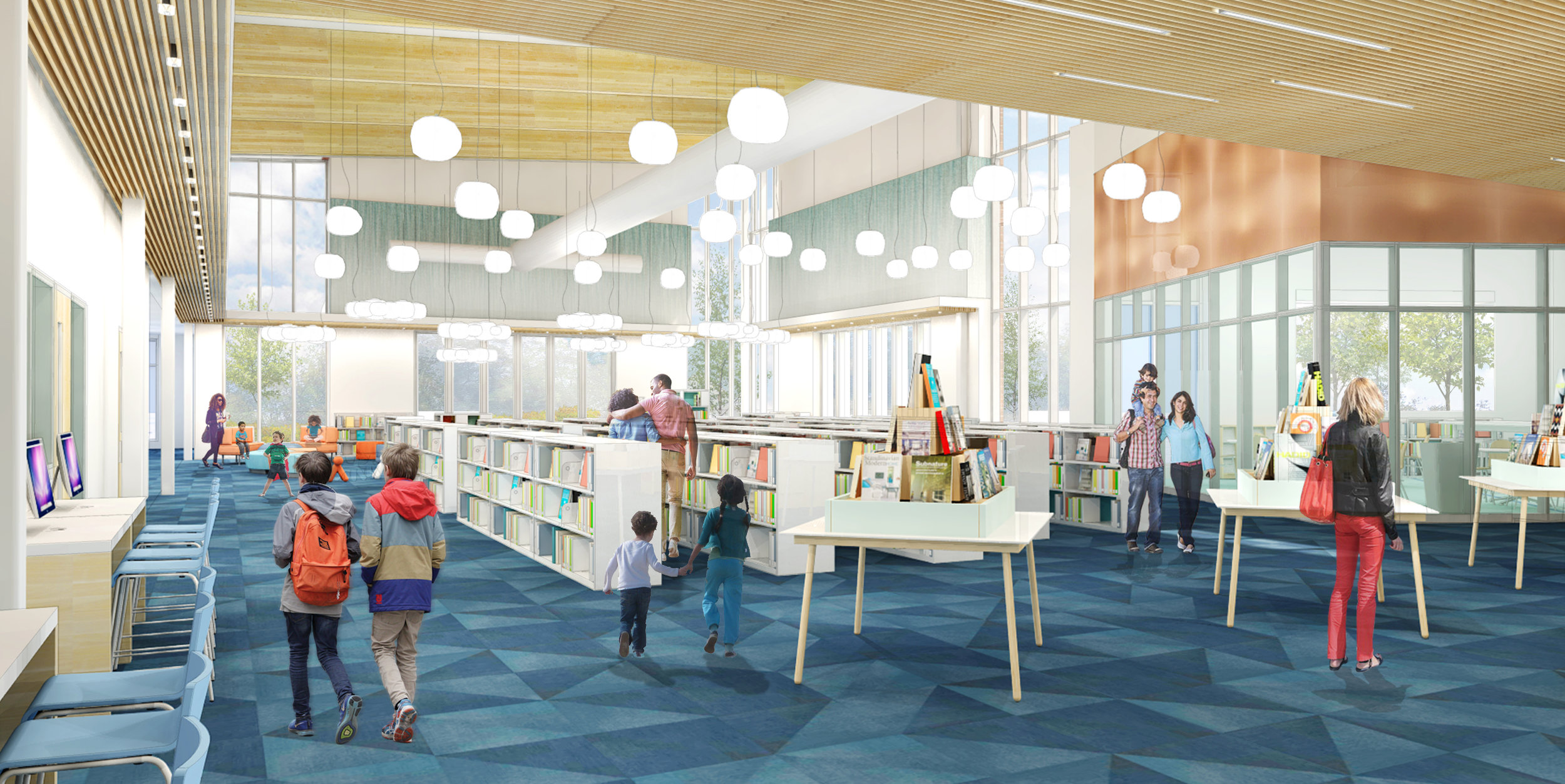 Design development view from the middle of the stacks towards the children’s area. (Rendering courtesy of WGM Architects)