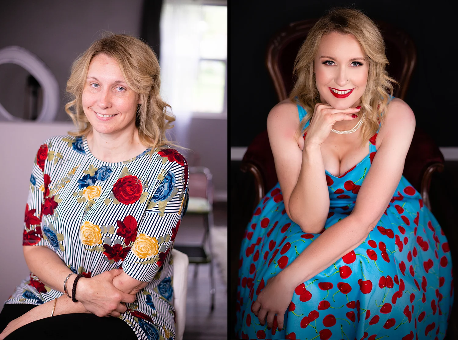 Stunning strawberry blonde Caucasian woman before and after transformation at LGEmerick Boudoir Studio