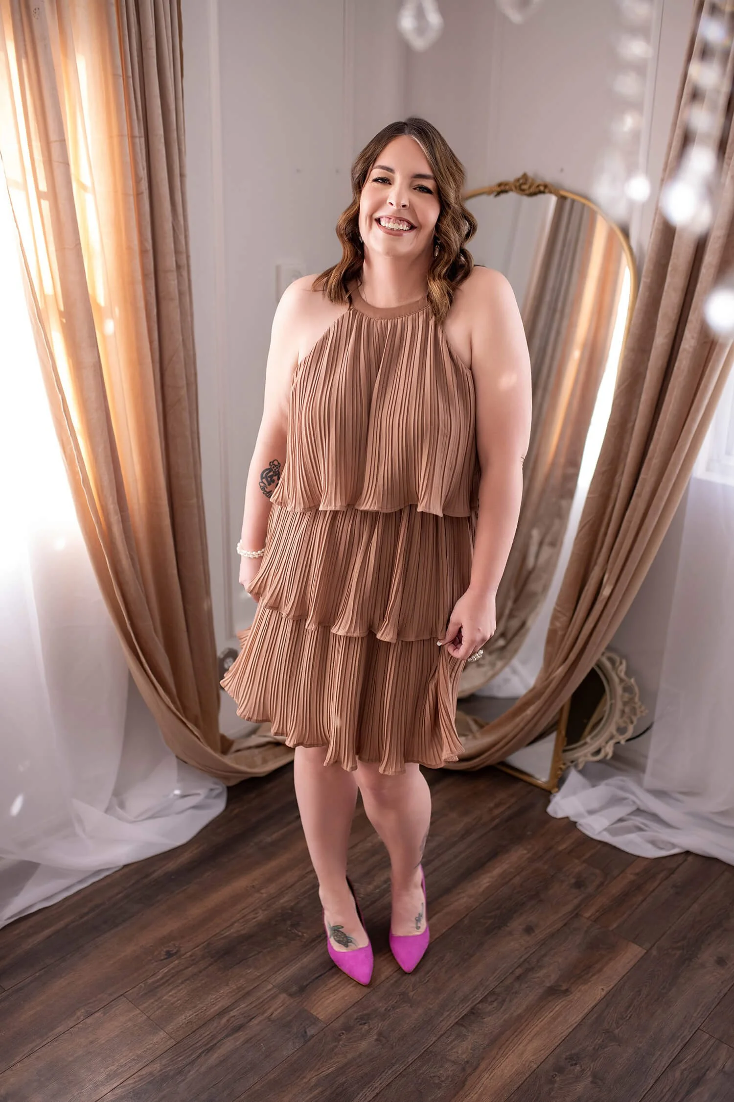 Size 8 - Tiered Accordion Pleat Dress in Beige