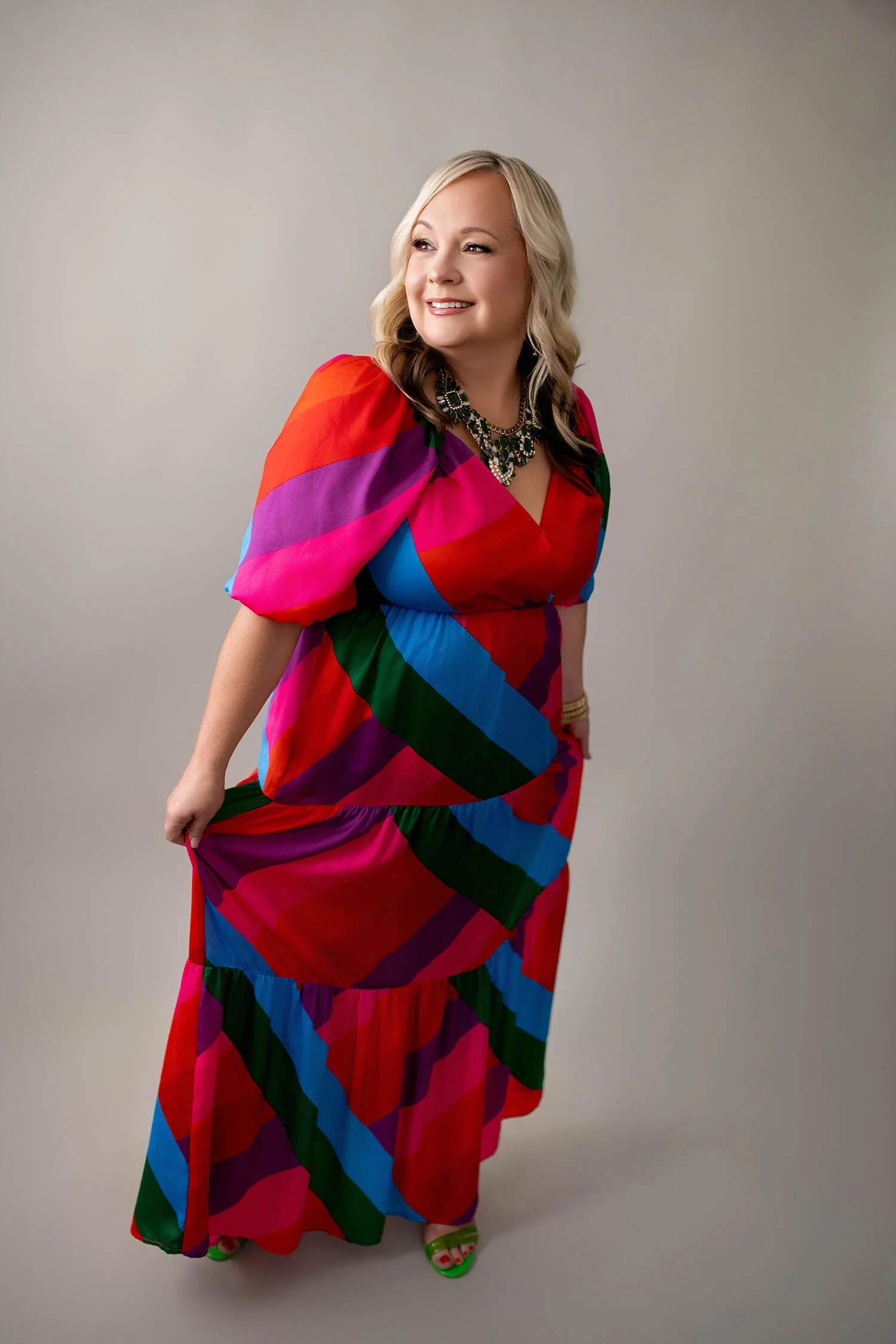 Size L - Rainbow Dress with Puffed Sleeves