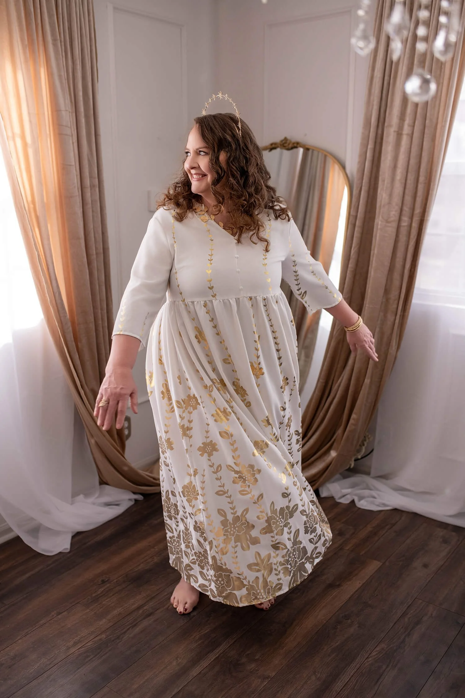 Size XXL - White Floor Length Dress with Gold Leaf Details