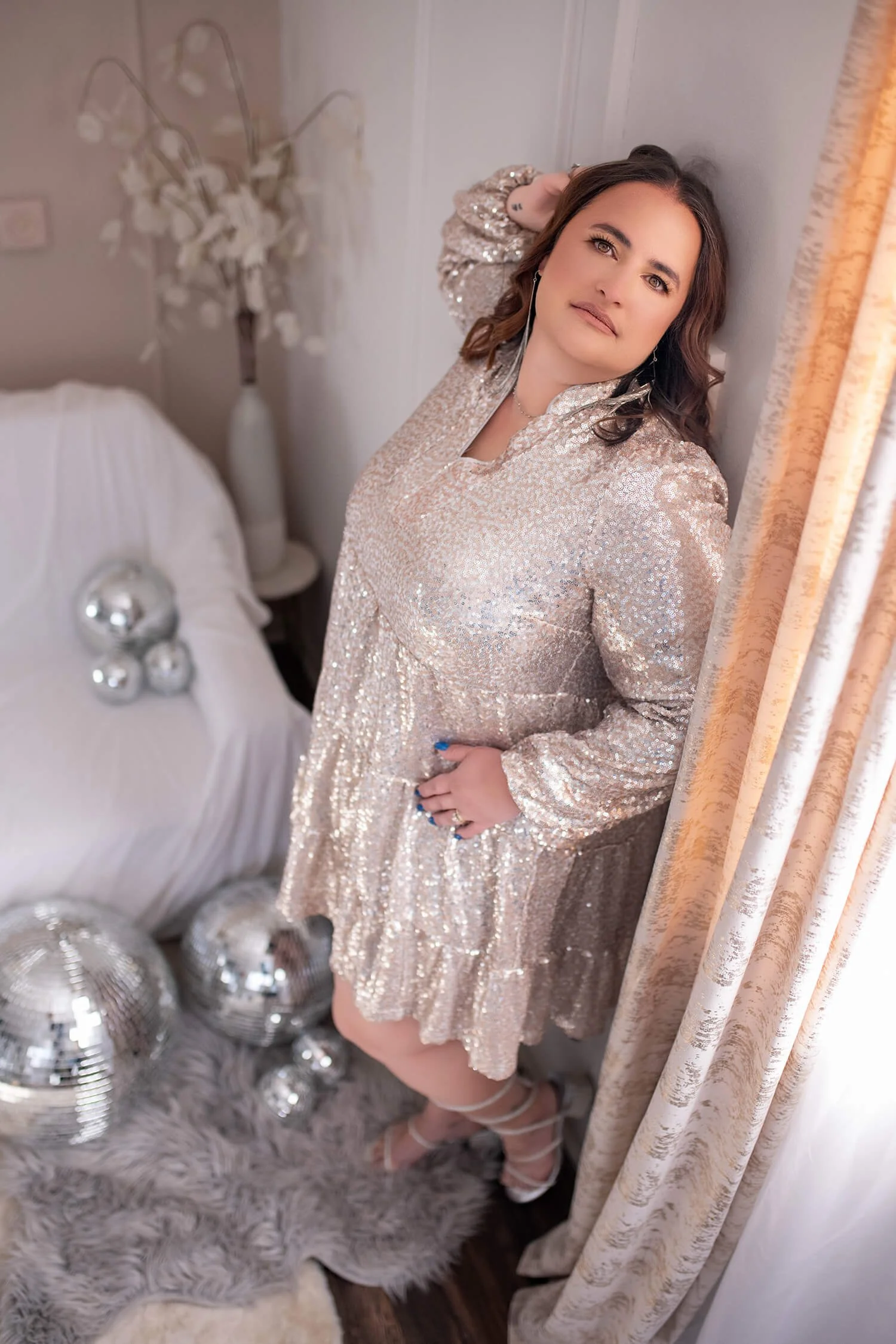 Size L - Champagne Sparkle Cocktail Dress with Long Sleeves
