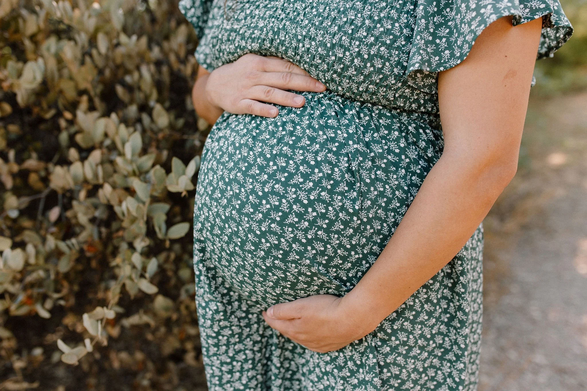 close up photo of pregnant belly during family maternity photography session in desert greenery