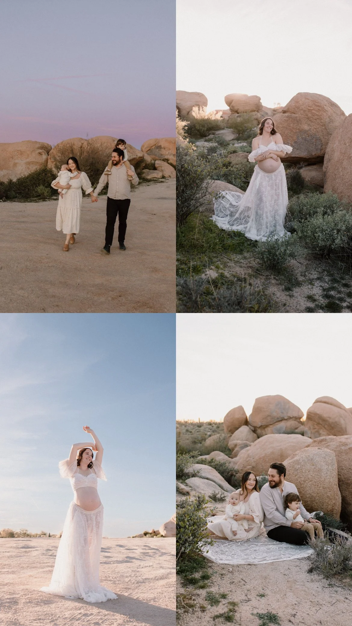 collage of San Tan Valley fall mini sessions at pink boulders in the desert including maternity and family