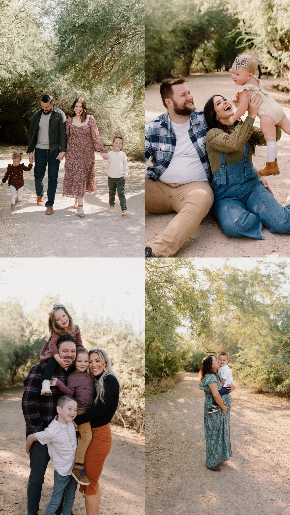 collage of Gilbert fall mini sessions in green trees at Gilbert Riparian Preserve including families