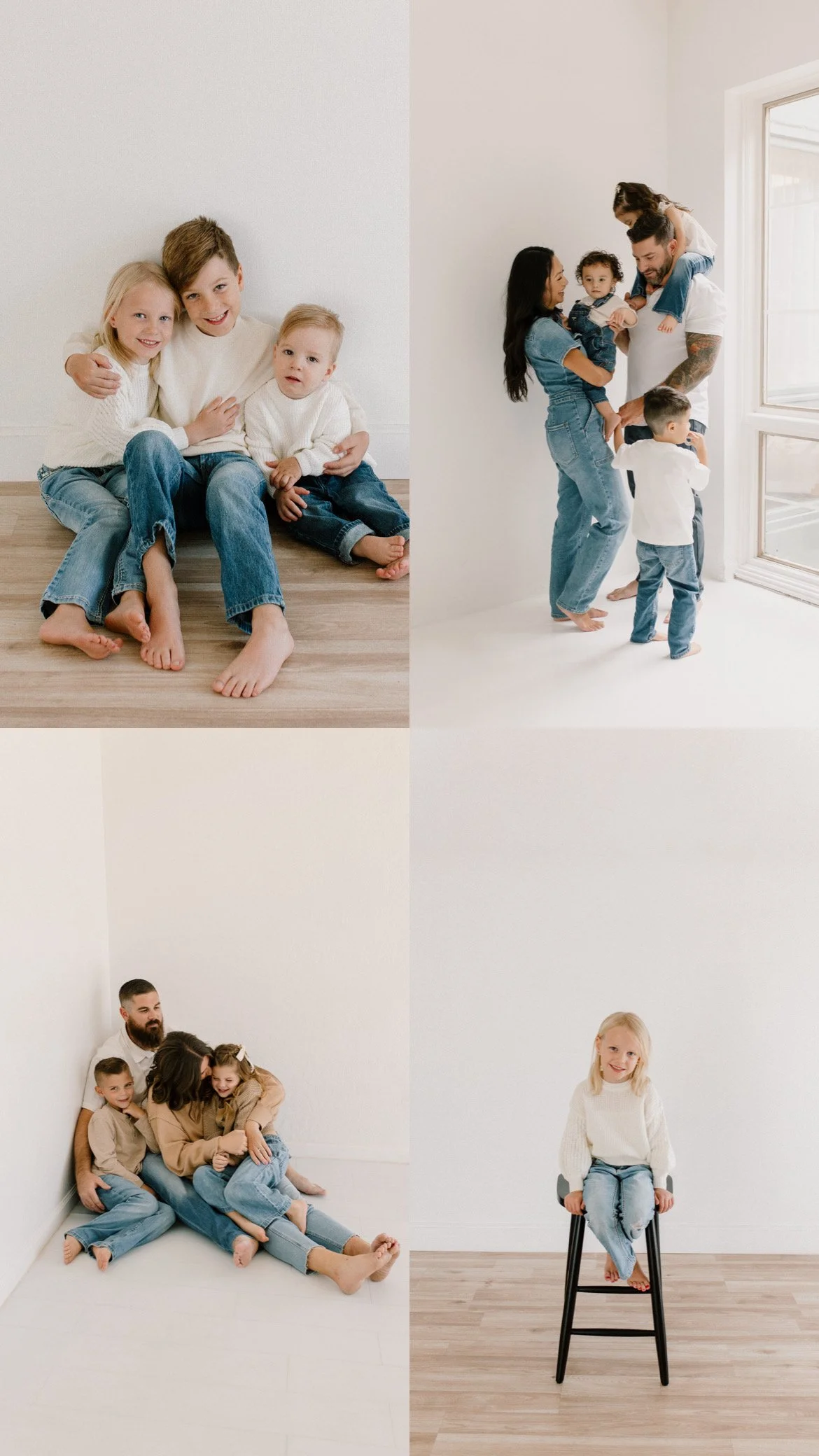 collage of several scottsdale fall mini sessions photos in a studio location, including a siblings cutting, family cuddling, and childhood photos