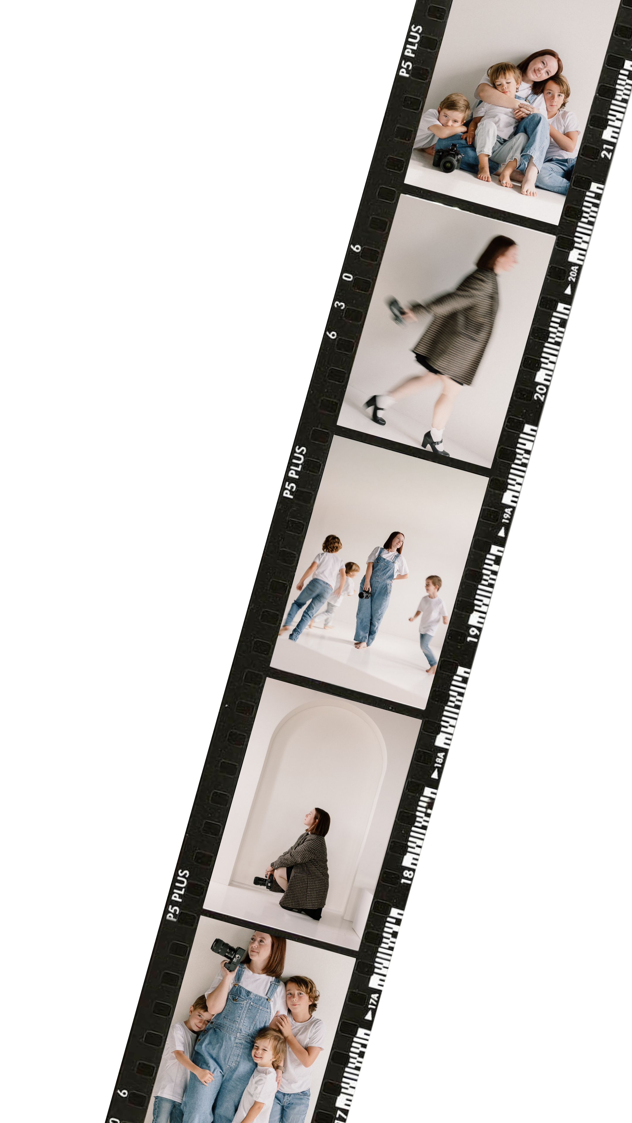 Sequence of four photographs featuring a woman and children in a studio setting, engaging in photography activities and posing for pictures.