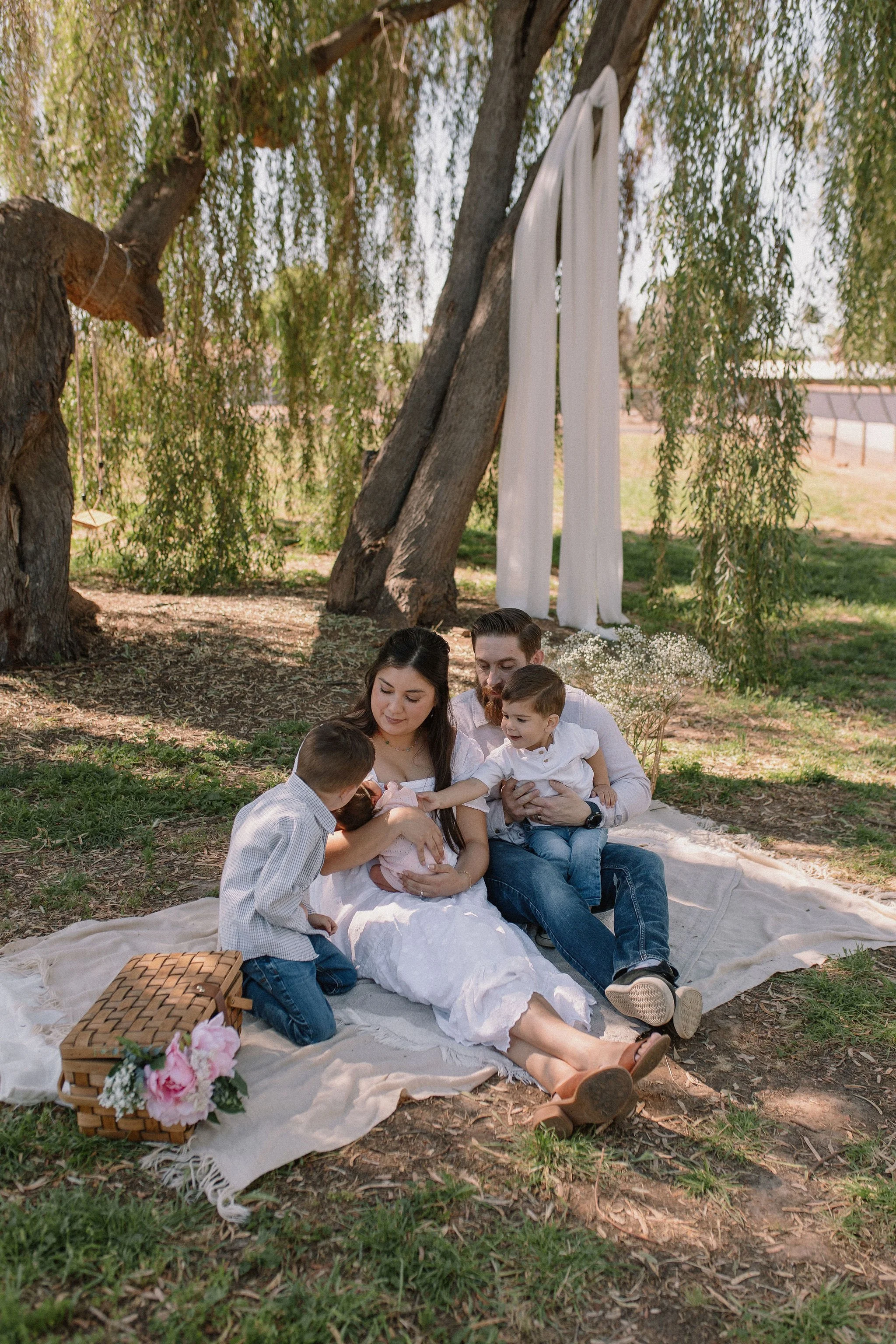 family sitting on blanket in the grass under willow tree looking at newborn baby sister captured by newborn photographer