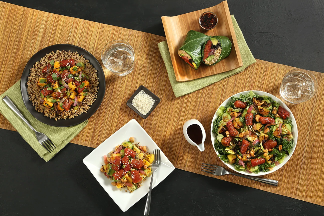 Ahimi in different dishes including poké, quinoa, wraps, grain bowls and salads.