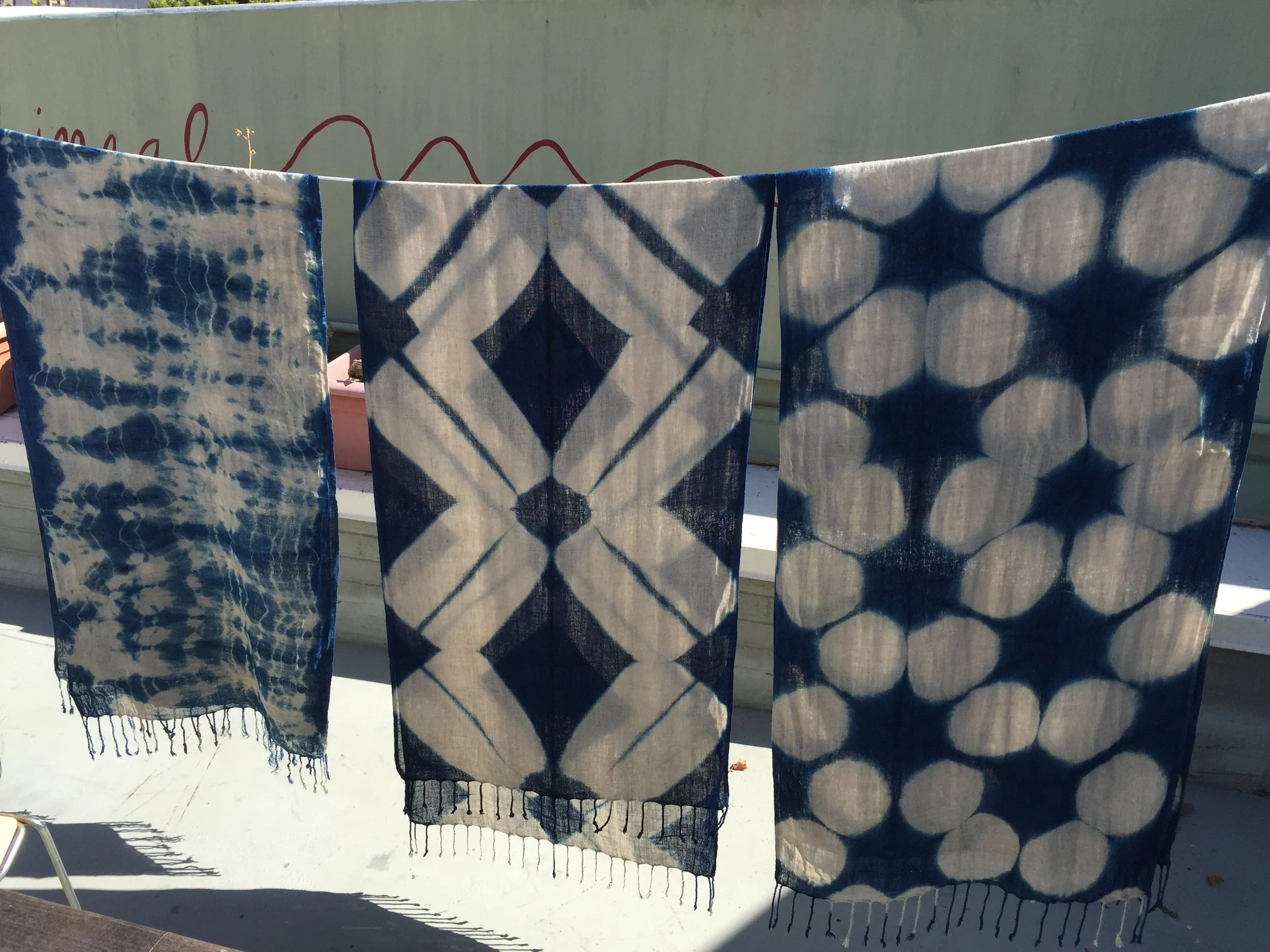 Shibori scarves dyed in indigo