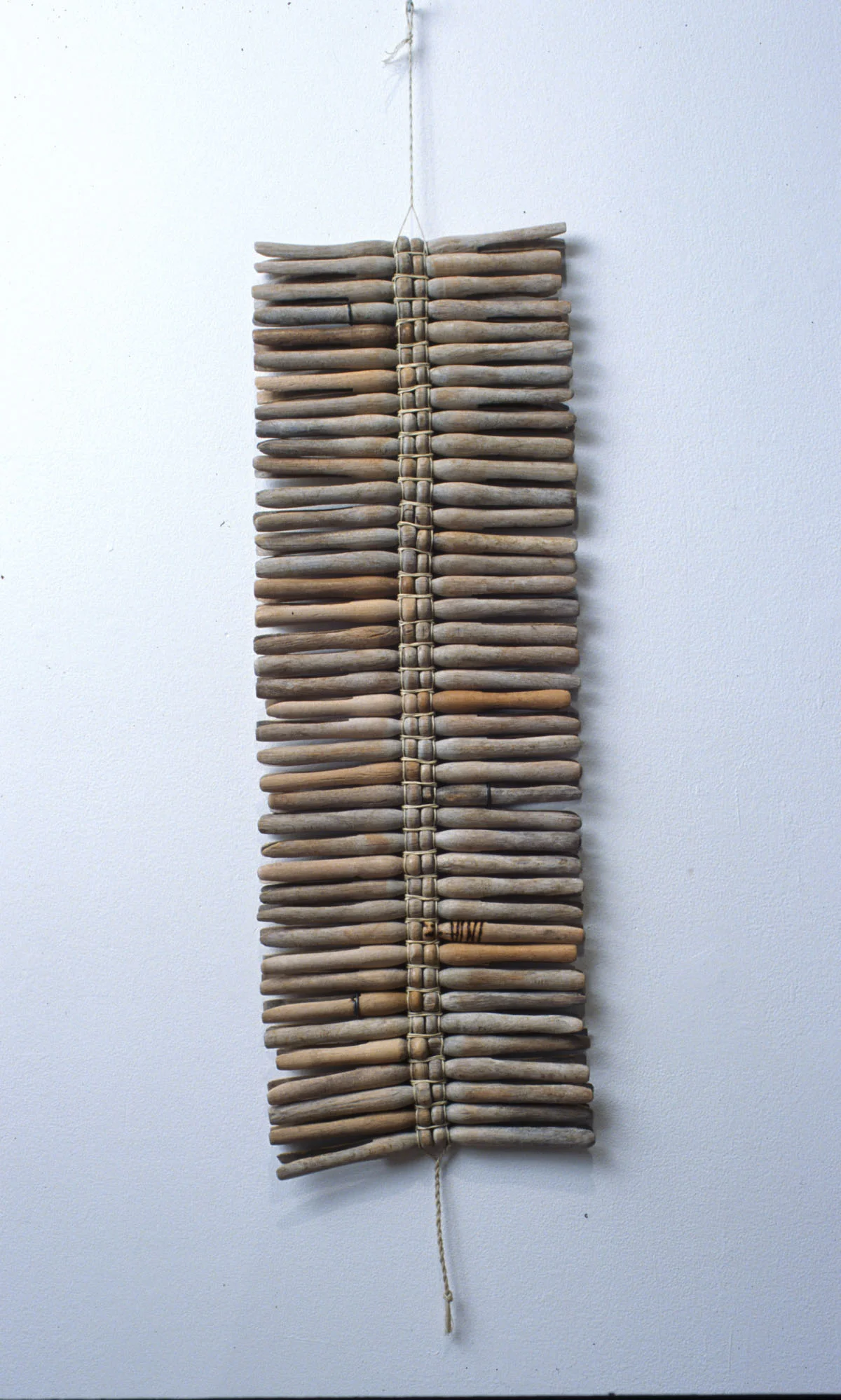 Bib, 29"x8" found wooden clothespins, waxed linen, twined together