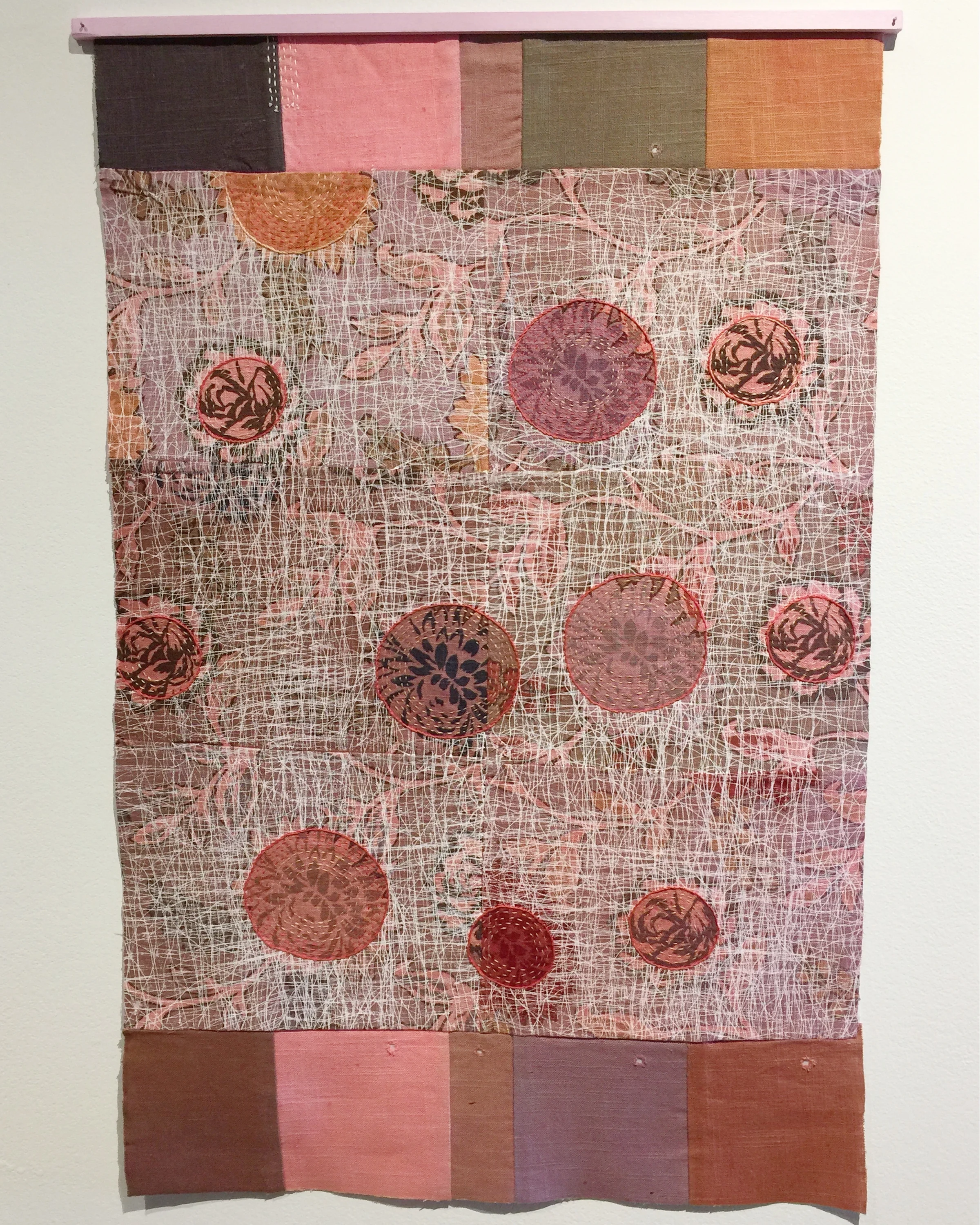 Re Bloom 36"x24" rayon & linen sewn, dyed, screen-printed, embroidered linen