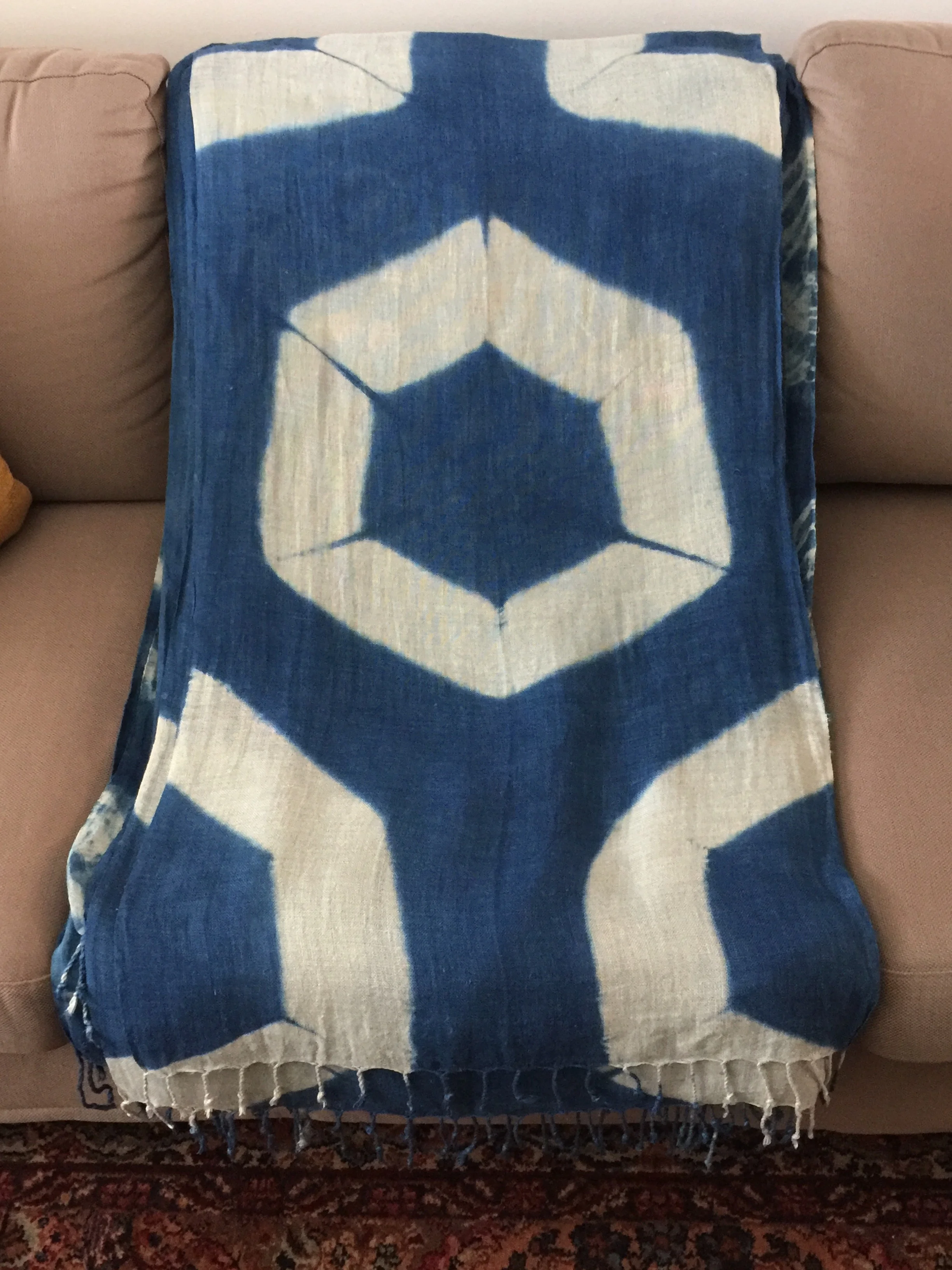 Shibori resist dyed in indigo on linen scarf