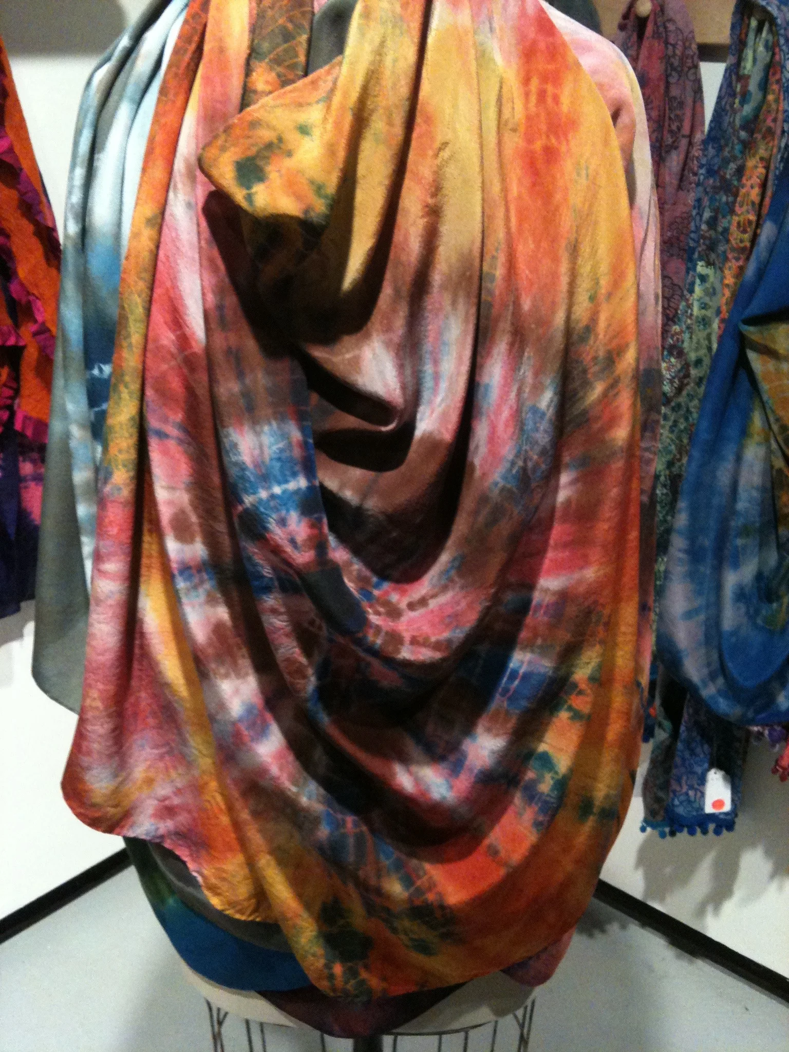 Shibori resist with acid dyes on silk scarf